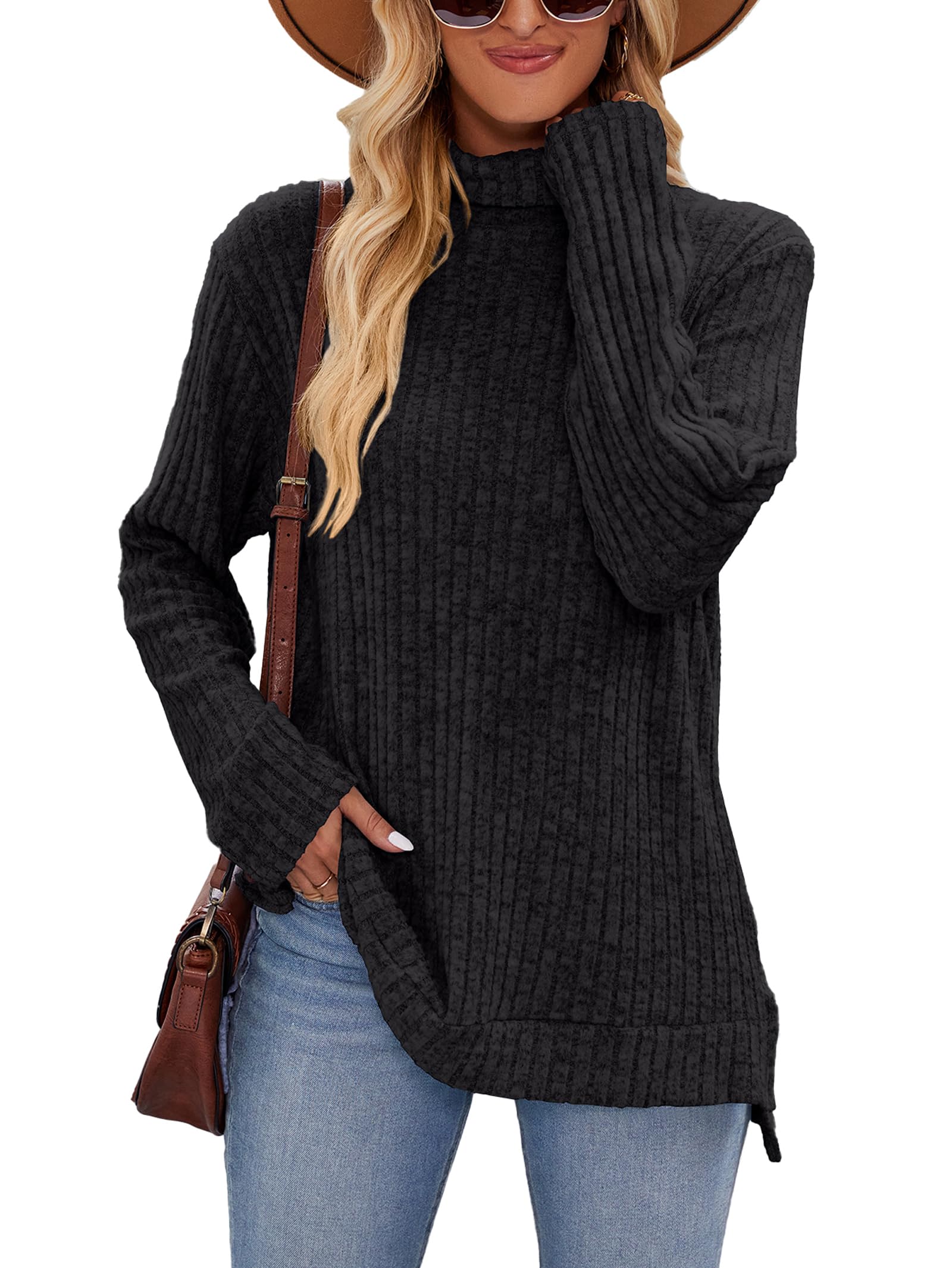 Famulily Rollkragenpullover für Frauen, übergroße Herbst Winter Langarm Pullover Side Splits Tunika Tops