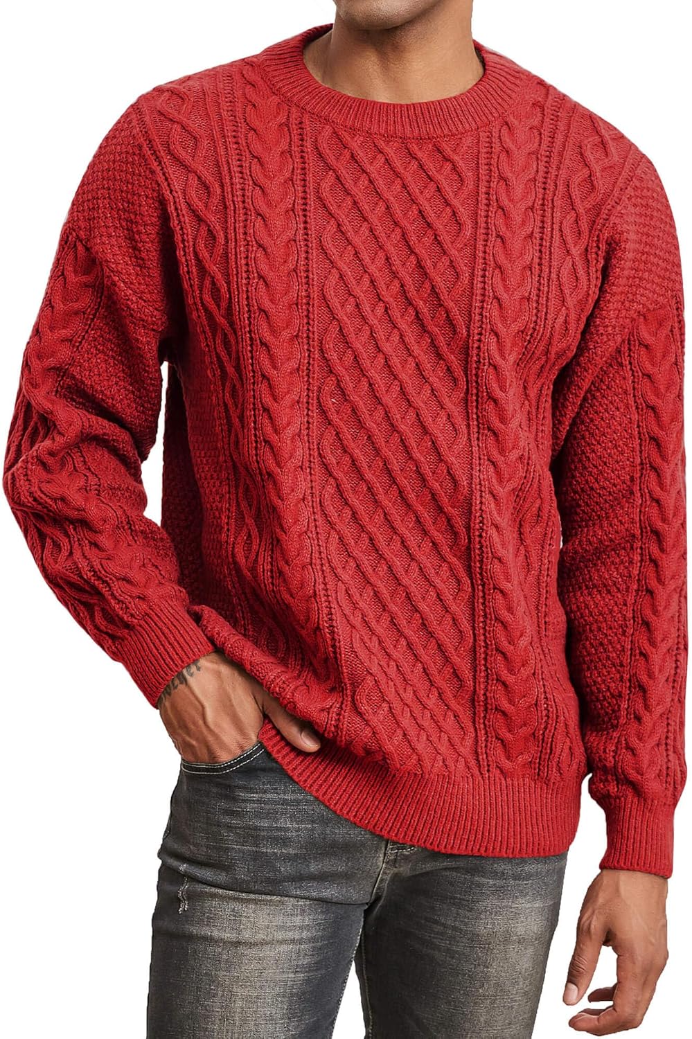 Men's Knit Sweater Crewneck Loose Fit Casual Twist Patterned Textured Long Sleeve Cable Knitted Pullover
