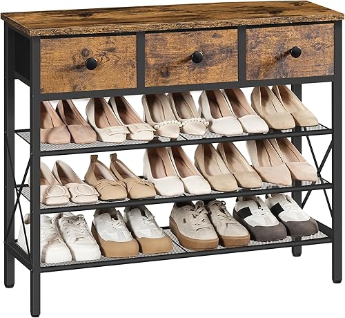 Zapatero de 4 niveles con 3 cajones, organizador de zapatos de metal para 15 pares con estantes de almacenamiento y parte superior de madera, para