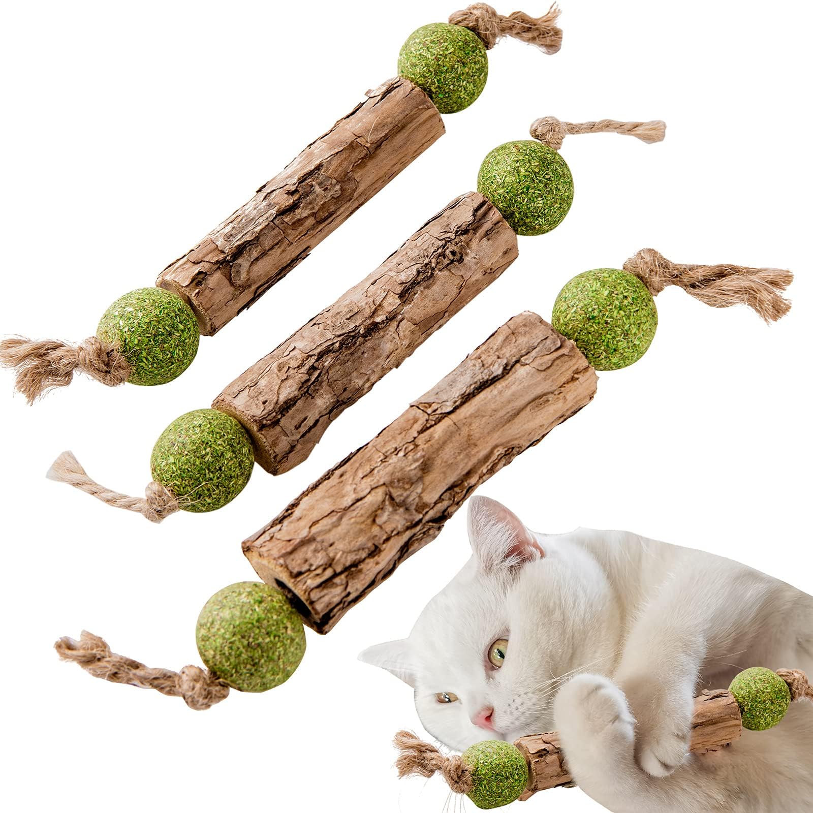 IJPDDRXYN Katzenminze Sticks, 3 Stück Matatabi Katzenspielzeug mit Ball Natürliches Zahnpflege-Set gegen Zahnstein Für Kauen, Beißen & interaktiven Spielspaß