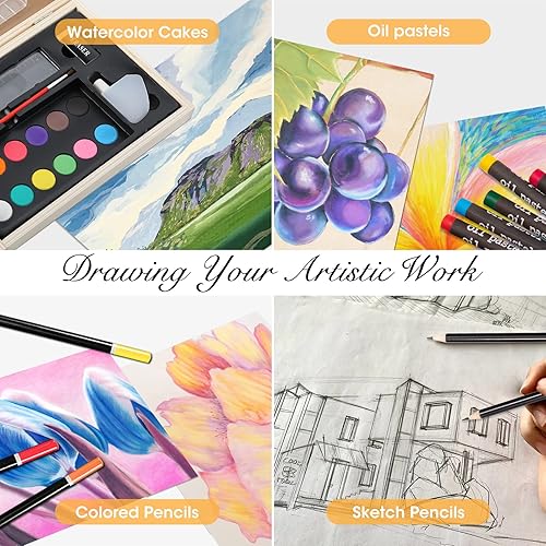 Miniatura 3 de Suministros de arte, juego de arte de madera con caballete de dibujo, juego de arte de lujo para niños, pasteles al óleo, lápices de colores,