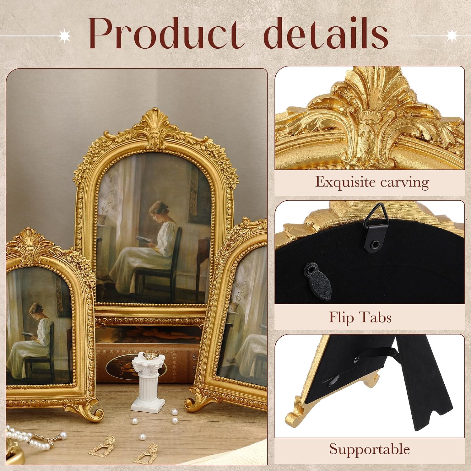 Wonderjune 3 Pcs Vintage Picture Frames Antique Set Baroque Ornate Gold Arched Photo Frames with Glass, Tabletop or Wall for Home Decor Photography Props Gifts(4x6, 5x7, 6x8 Inches,Retro)