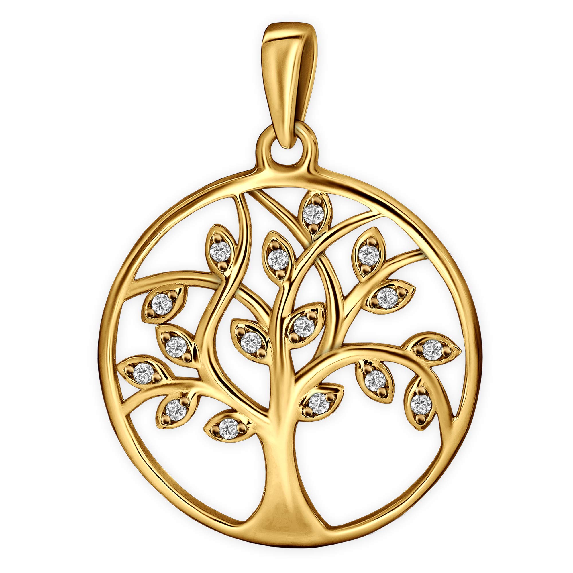 CLEVER SCHMUCK Lebensbaum Kette Gold für Damen Baum des Lebens Ø 20 mm + Zirkonias mit Kautschukband 45 cm glänzend Silber 925 vergoldet im Luxus Etui