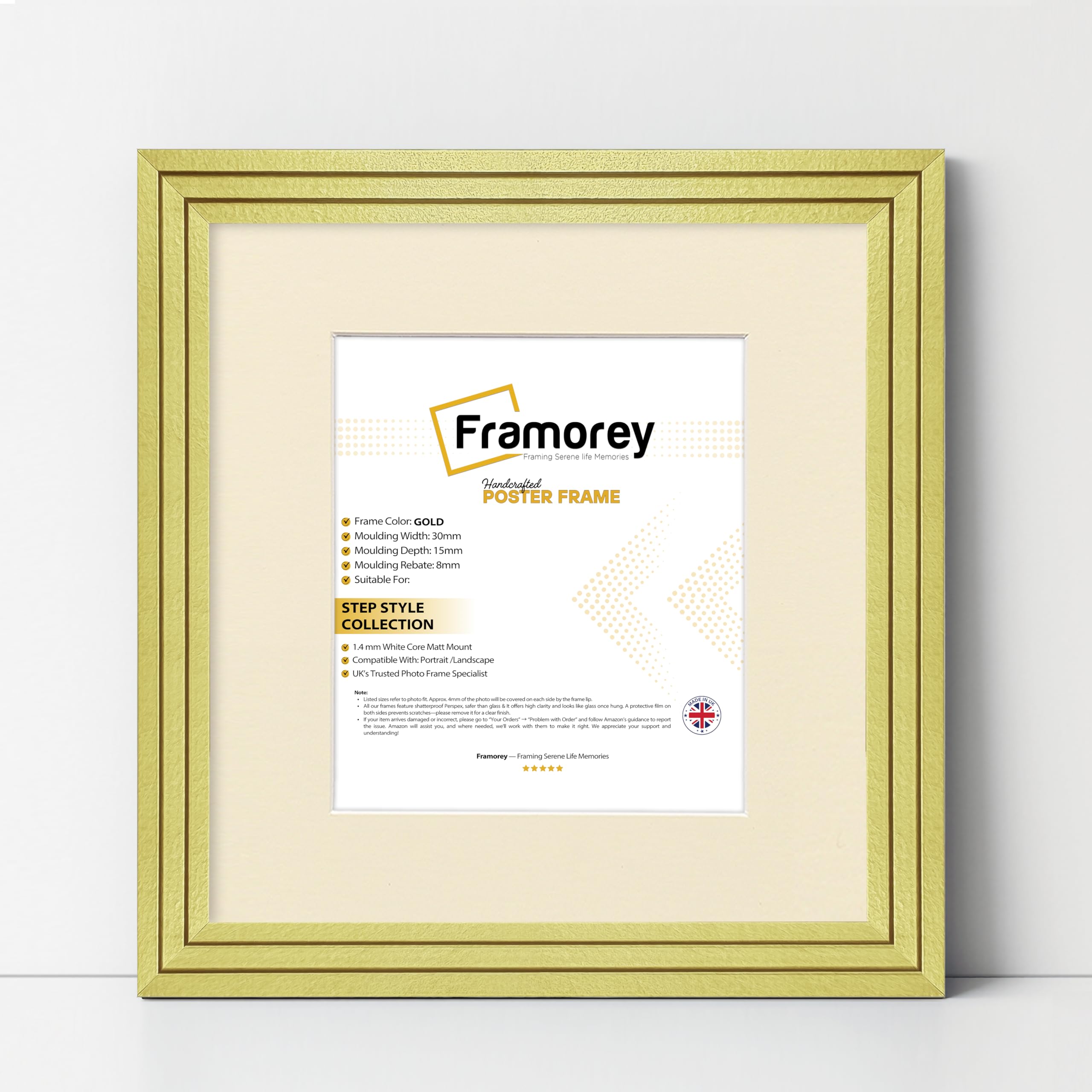 FRAMOREY Oxford Step Style Wooden Effect Picture Frame, 9x9" Square Size Gold Photo Frame With 7x7" Size Ivory Mount, Wall Hanging Frames, Personalized Frames