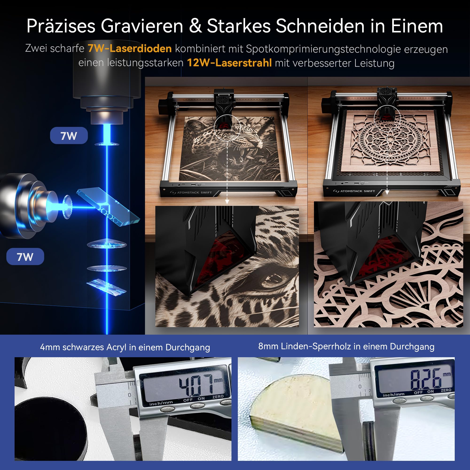 ATOMSTACK 12W Laser graviermaschine, Gravurfläche 300 × 300 mm, Swift 12 W Serie Laserschneider, 0,01 mm hochpräzise Laser Cutter für Holz und dunkles Acryl, Leder (Schwarz, Swift 12W)