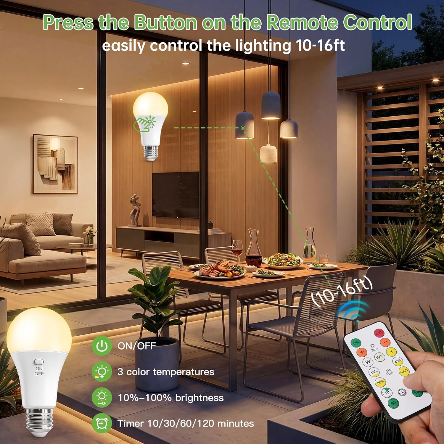 Kimjo 6 Pack Rechargeable Light Bulbs with Remote, Keep Lighting During Power Outage, 2600mAh Emergency Battery Operated Light Bulb with 3 Colors, Dimmable for Home, Camping, Tent (E26, with Hook)