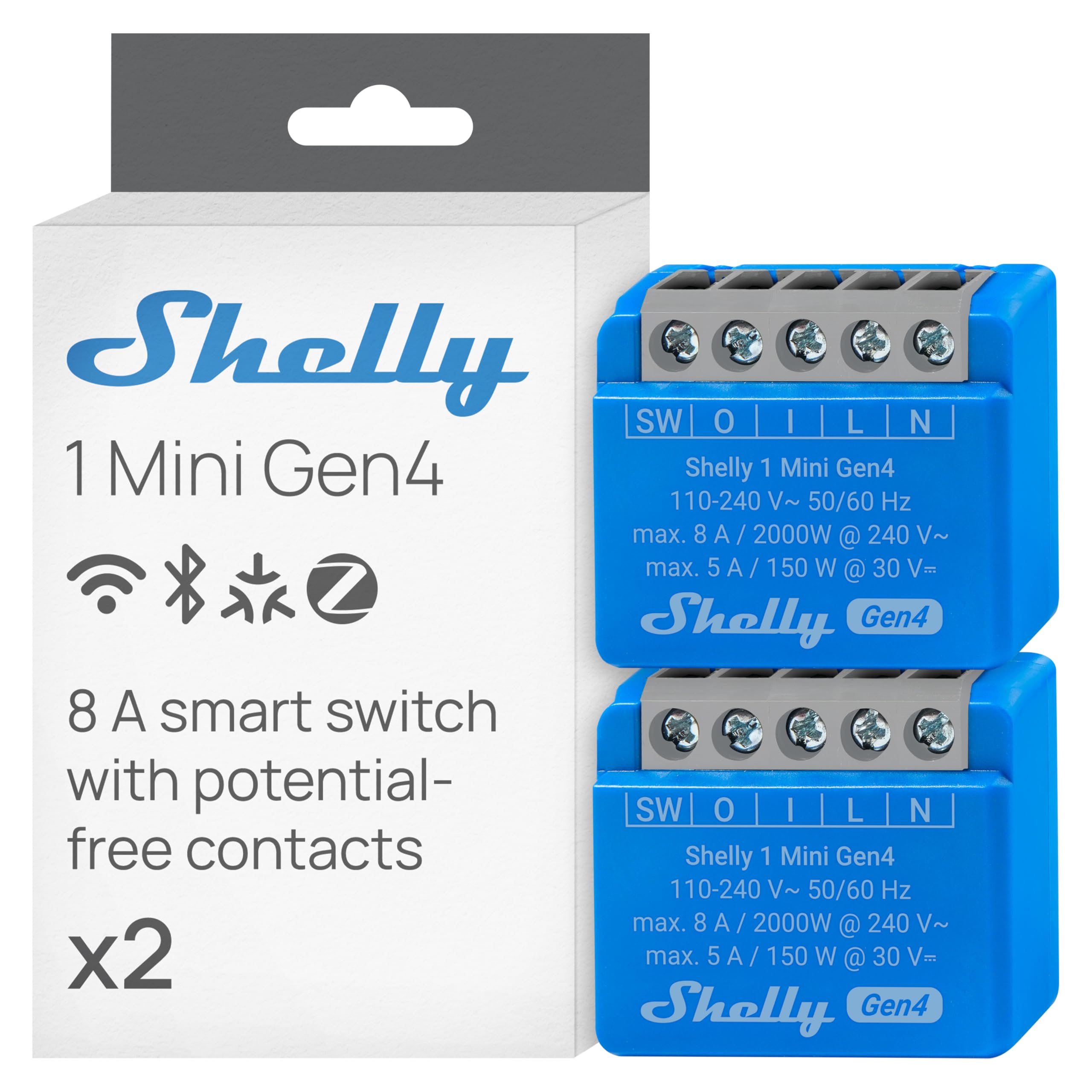Shelly Shelly 1 Mini Gen4 - Module interrupteur Matter, Zigbee, Wi-Fi, 1 Canal 8A, Contacts secs, Ouvre-porte de garage connecté, Contrôle app, Compatible Alexa, Google, SmartThings, Apple Homekit - Lot de 2