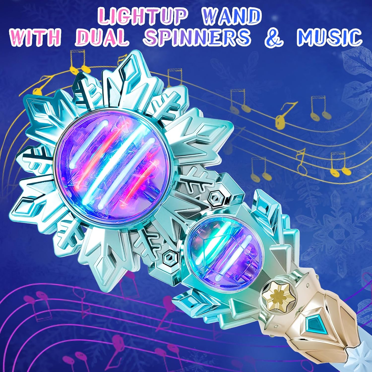 Snowflake Light Up Princess Wand with Dual Spinners & Music - Magic Fairy Toy Wand for Kids Girls - Birthday Dress-up Party Favors, Blue