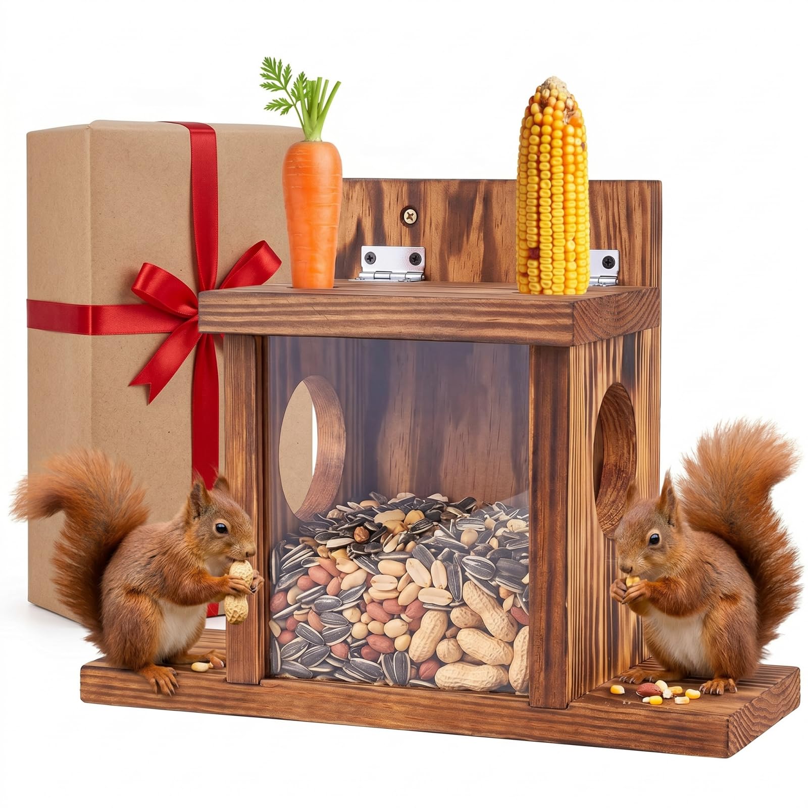 Koimiao® Squirrel Feeder House, Wooden Squirrel Feeder with Lift-Up Lid for Garden, Large Capacity Squirrel Feeding Station Squirrel House with Flexible Roof Chipmunk Feeding Station for Backyard