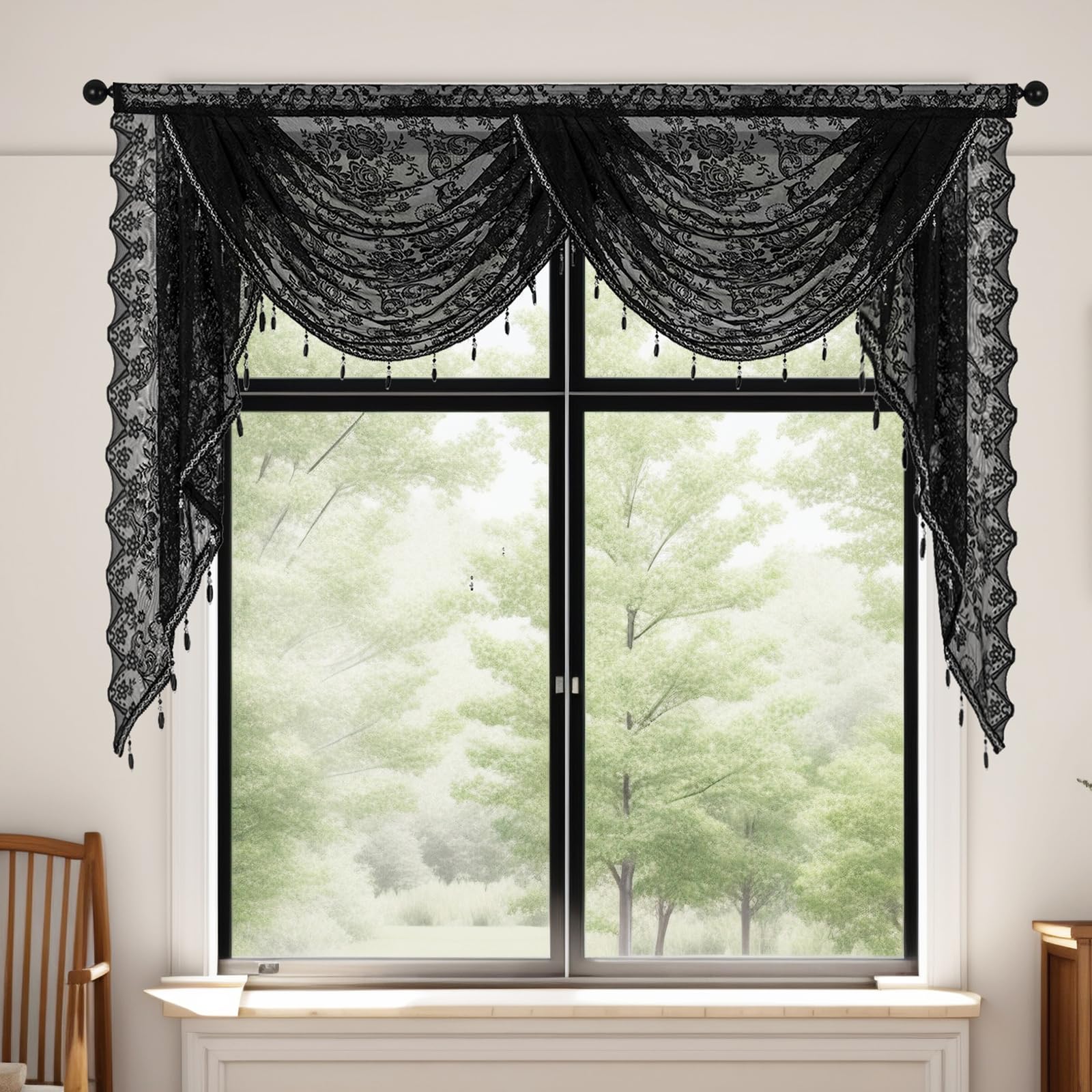 Lace Swag Valance Curtain 1 Panel Semi Sheer Voile Swags for Kitchen Cafe