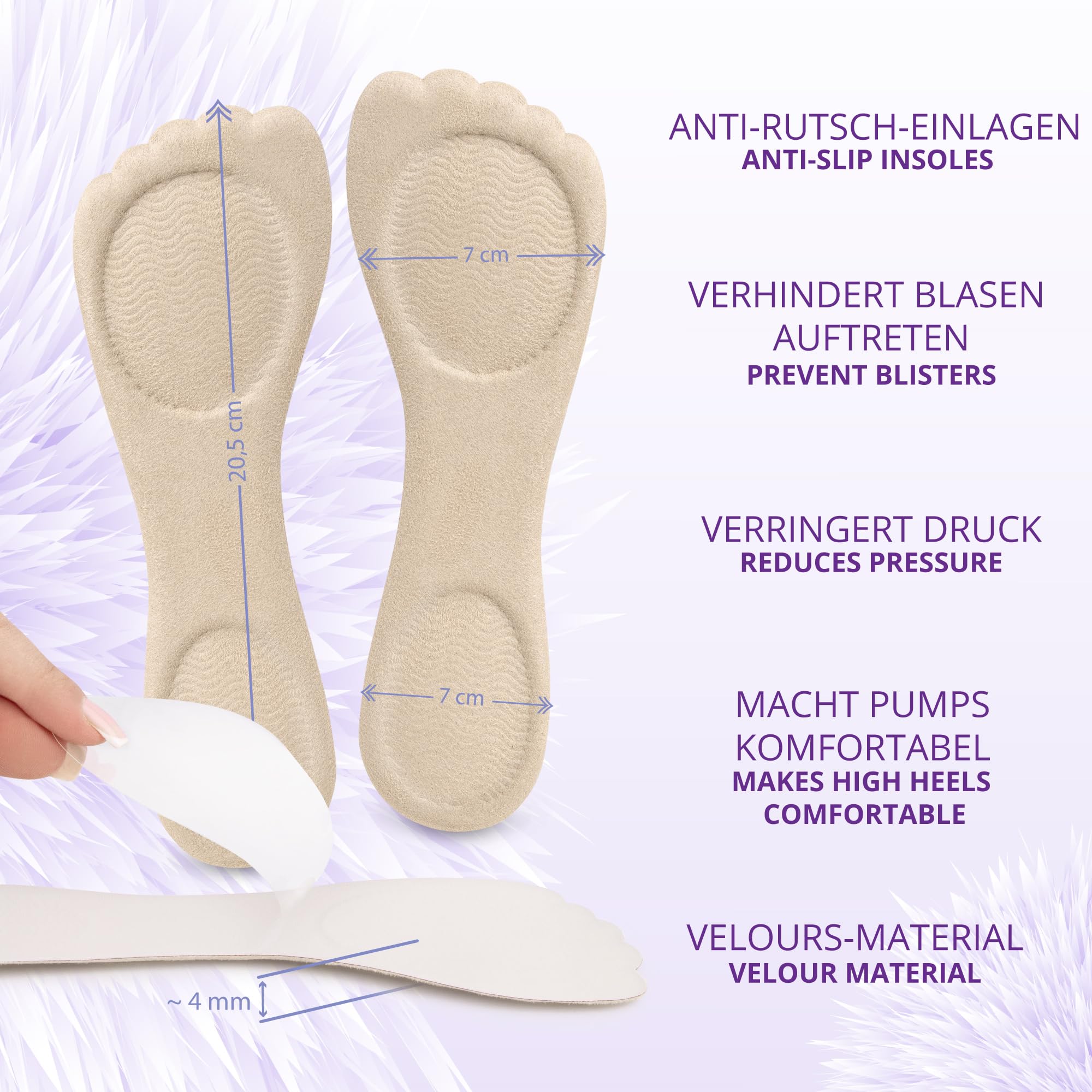 SULPO Set de semelles - gel antidérapant - douleurs du pied - semelle silicone a velour, talonnette en silicone, insert de mousse EVA, set de silicon