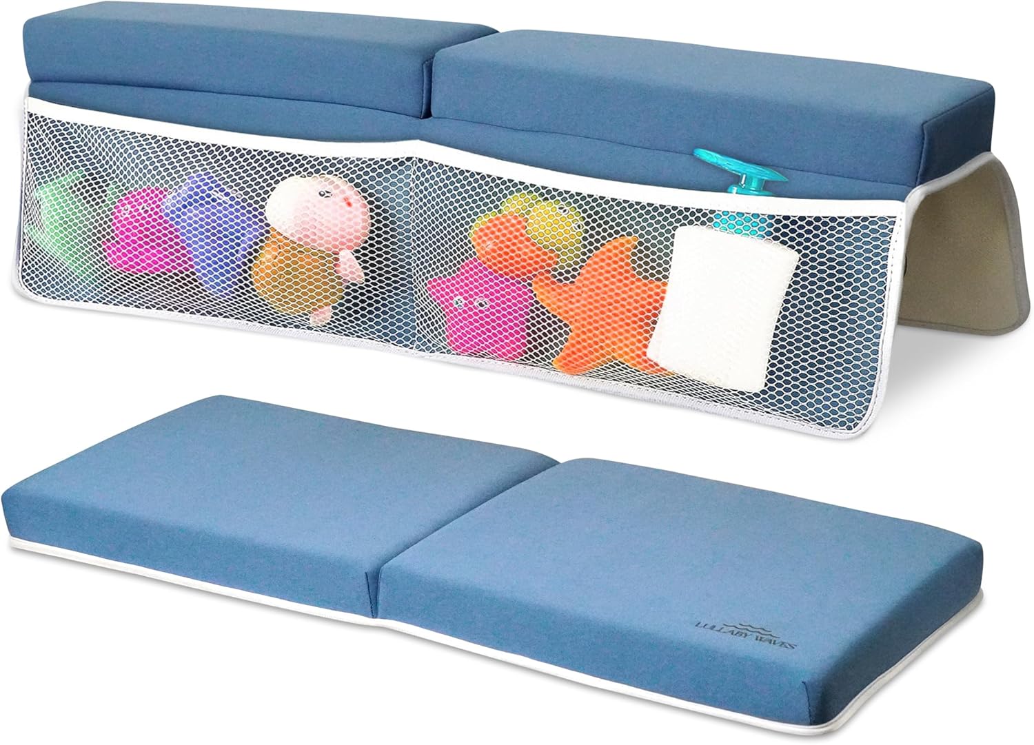 Baby Bath Kneeler and Elbow Rest Pad Set - Large Thick Comfortable Non-Slip 30" Long Bath Kneeling Pad with Toy Organizer Pockets - Soft Machine Washable Oversized Memory Foam Bathing Support Cushion