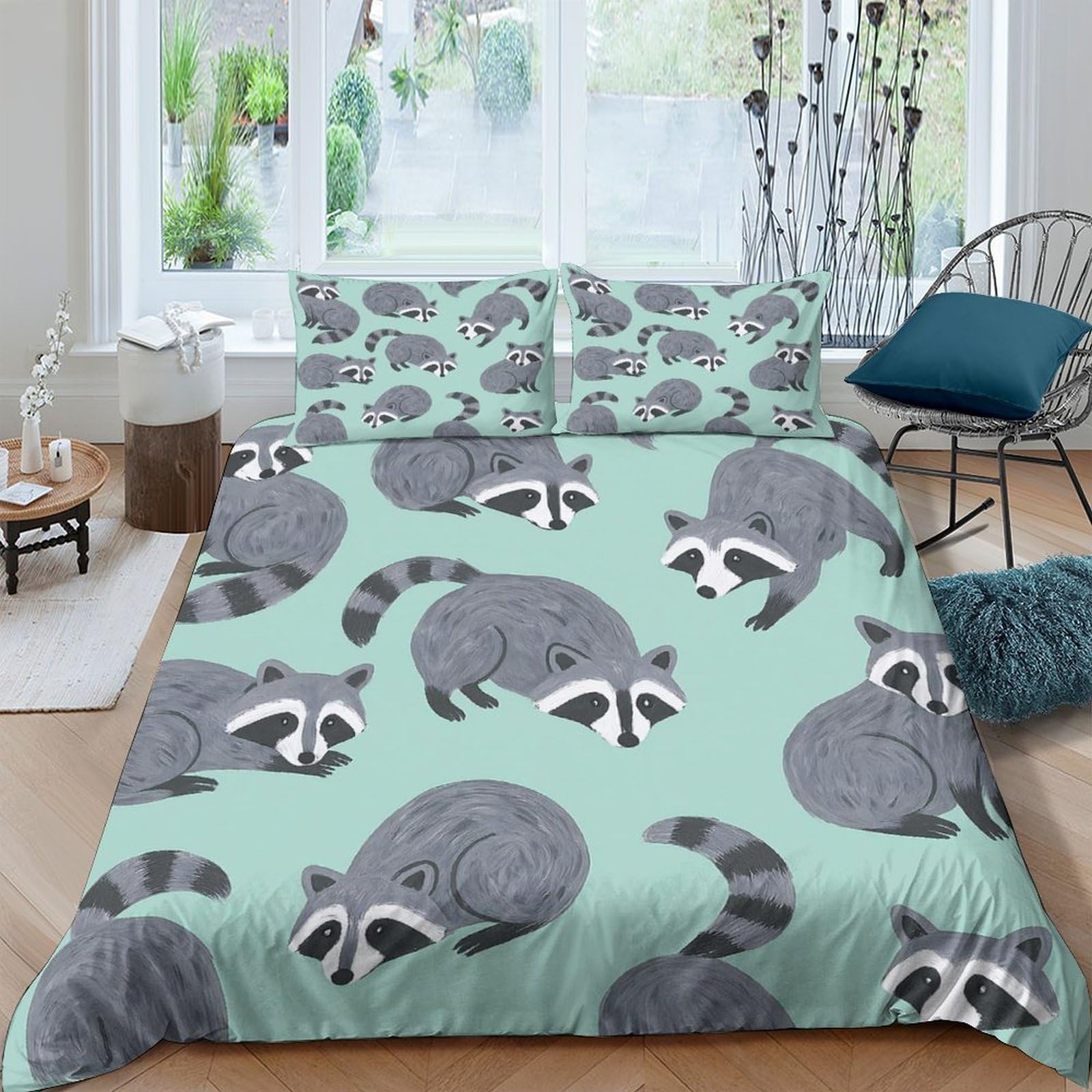 Ctjqhvkz Style-8 3D Printed Cartoon Raccoon Fitted Sheet Microfiber Soft Mint Green Animal Mattress Cover For Bedroom Dorm Room Decor Single（135X200cm）