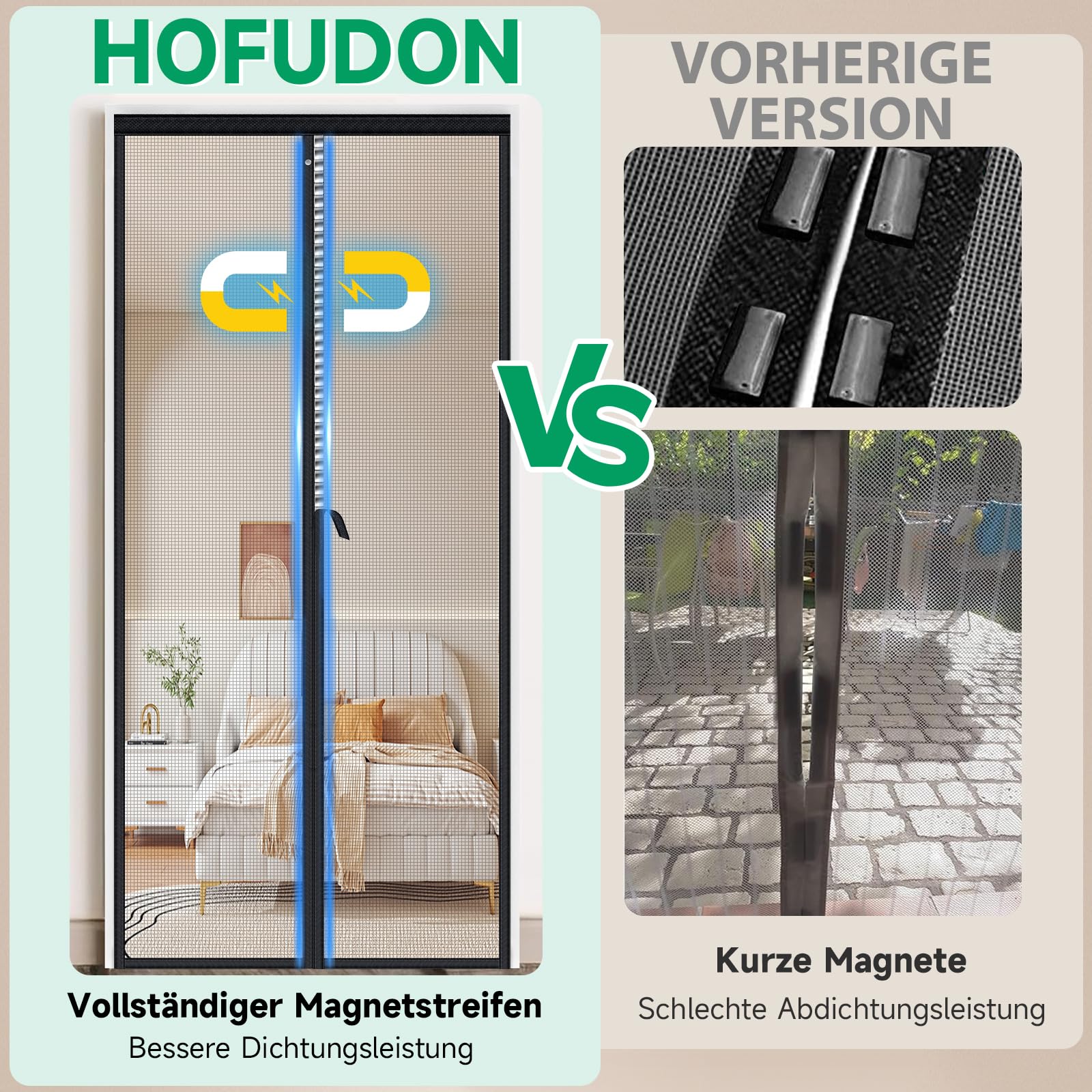 HOFUDON Fliegengitter Balkontür Magnet 100x210 cm, Ganze Durchgehender Magnetverschluss ohne Lücken für Fiberglas Fliegengitter Tür Insektenschutz ohne Bohren, Reißfest, Wetterfest, 4cm Klettband Oben