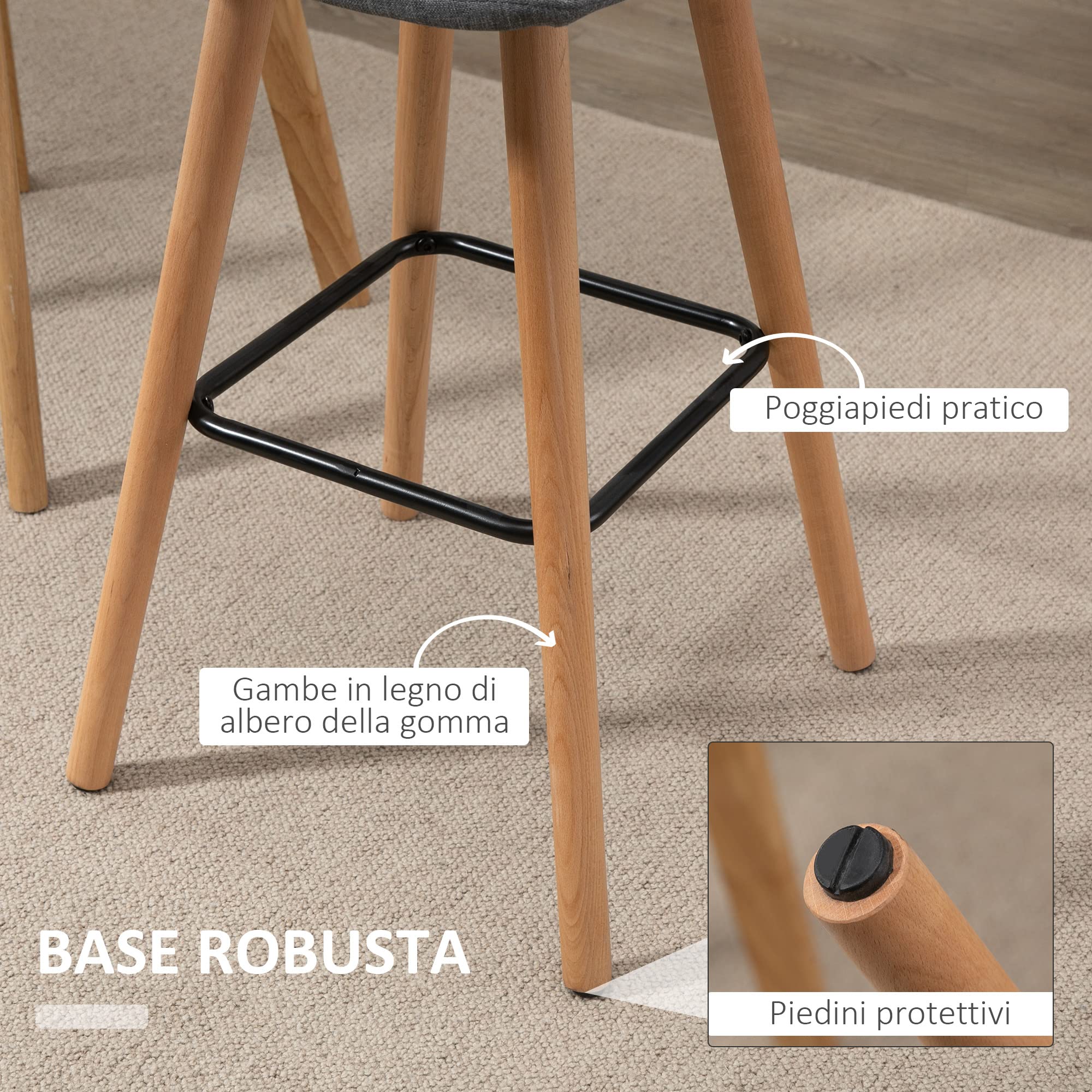 HOMCOM Set 2 Sgabelli da Bar con Schienale e Poggiapiedi, Grigio | Sgabelli Cucina, Seduta Imbottita in Tessuto e Gambe in Legno, 41.5x47x97.5