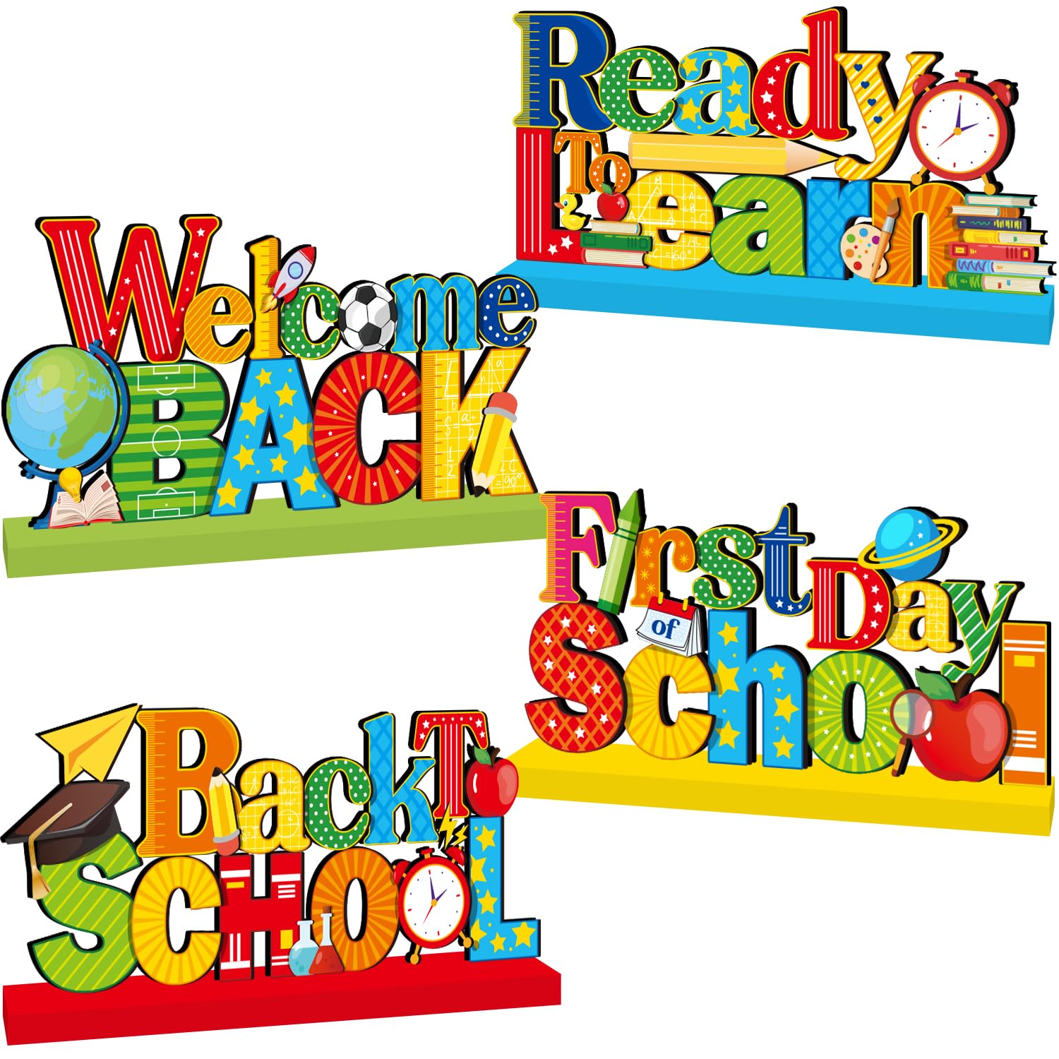 4Pcs Back to School Decorations, First Day of School Wooden Table Centerpiece Welcome Back to School Table Decorations Ready to Learn Table Topper