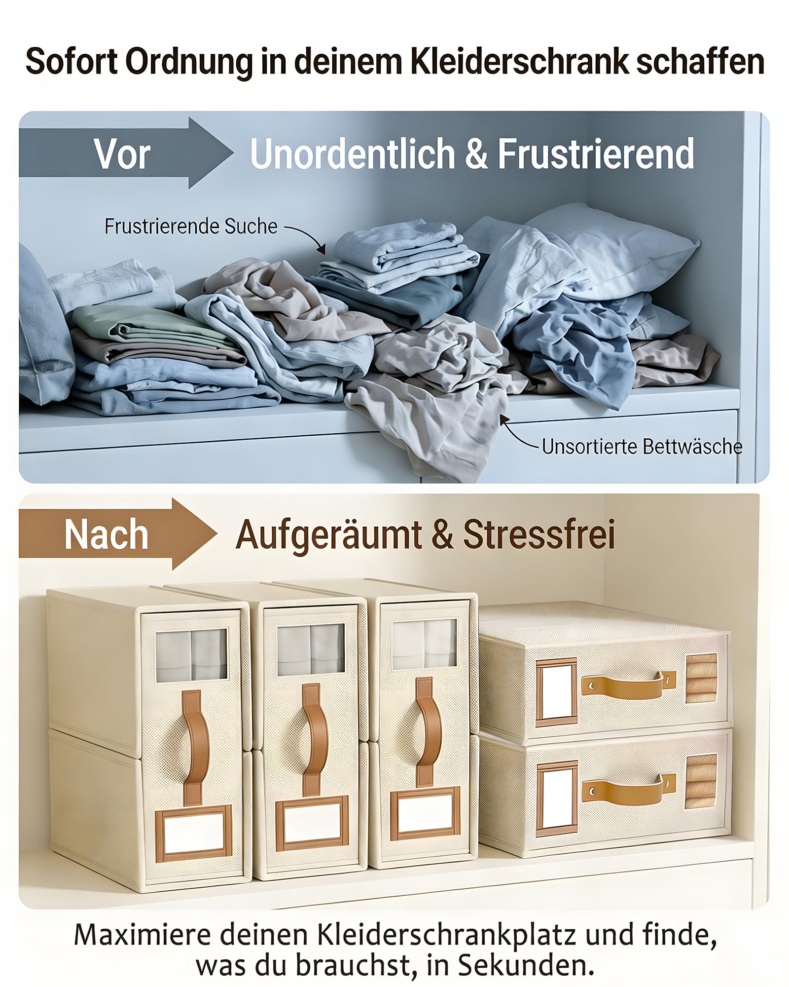 SwartLife 3er Set Bettwäsche Organizer Box - Premium Leinen-Mix Betttuch Aufbewahrung für King Size Bettlaken & Decken - Faltbare Schrank Ordnungssystem mit Sichtfenster & Etikett - Cremeweiß