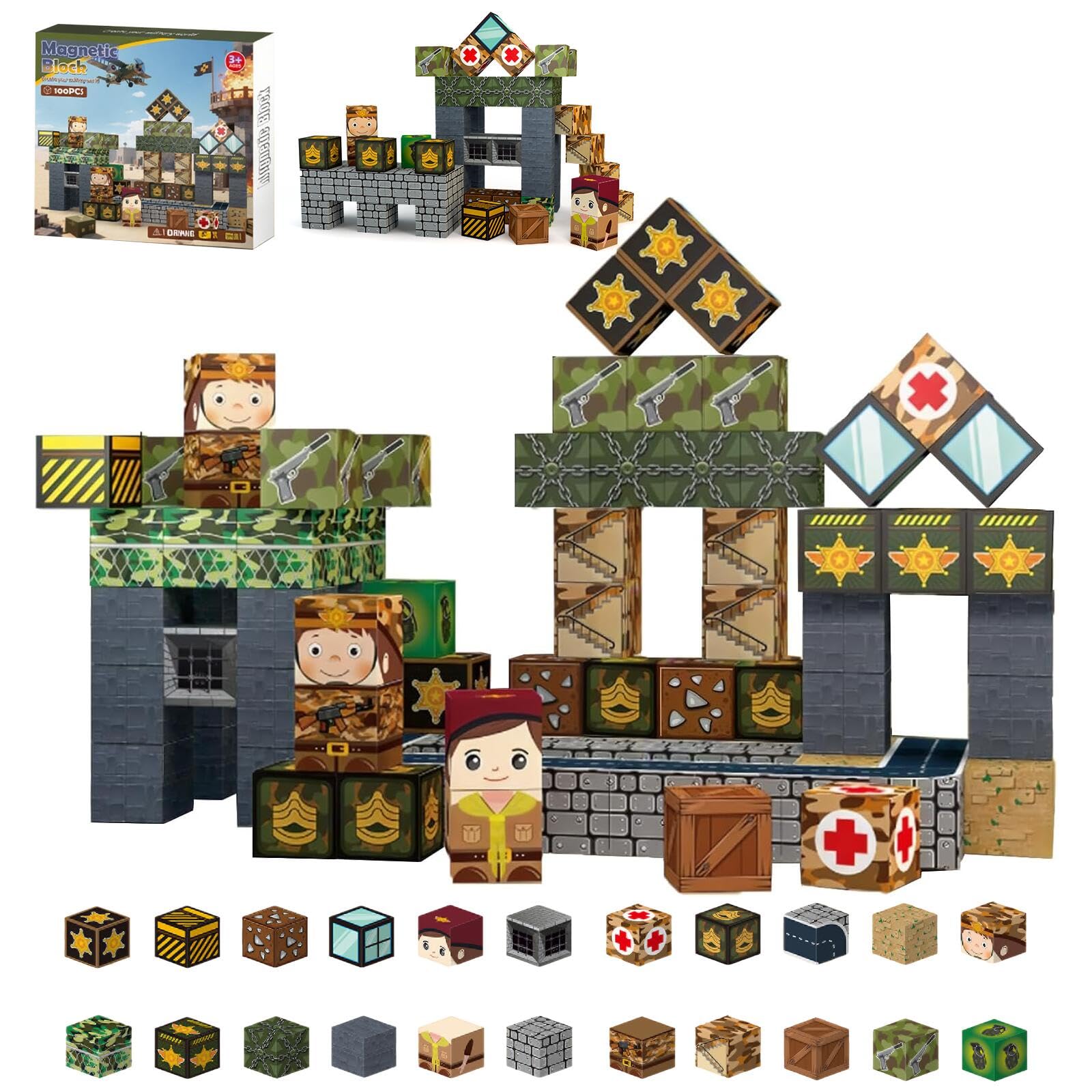Magnetic Blocks 100PCS Magnetic Tiles Military Building,Kids Classroom Sensory Toy for Toddlers STEM Learning, Construction Stacking Toy for Kids 3+ Boys and Girls Christmas Birthday Gifts Toys