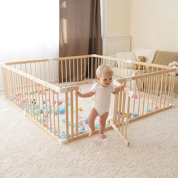 GGF Wooden Baby Playpen -71 * 59 * 24 in, Large Wood Gate Playpen for Babies and Toddlers, Baby Fence Play Yard with Door for Kids Activity Center