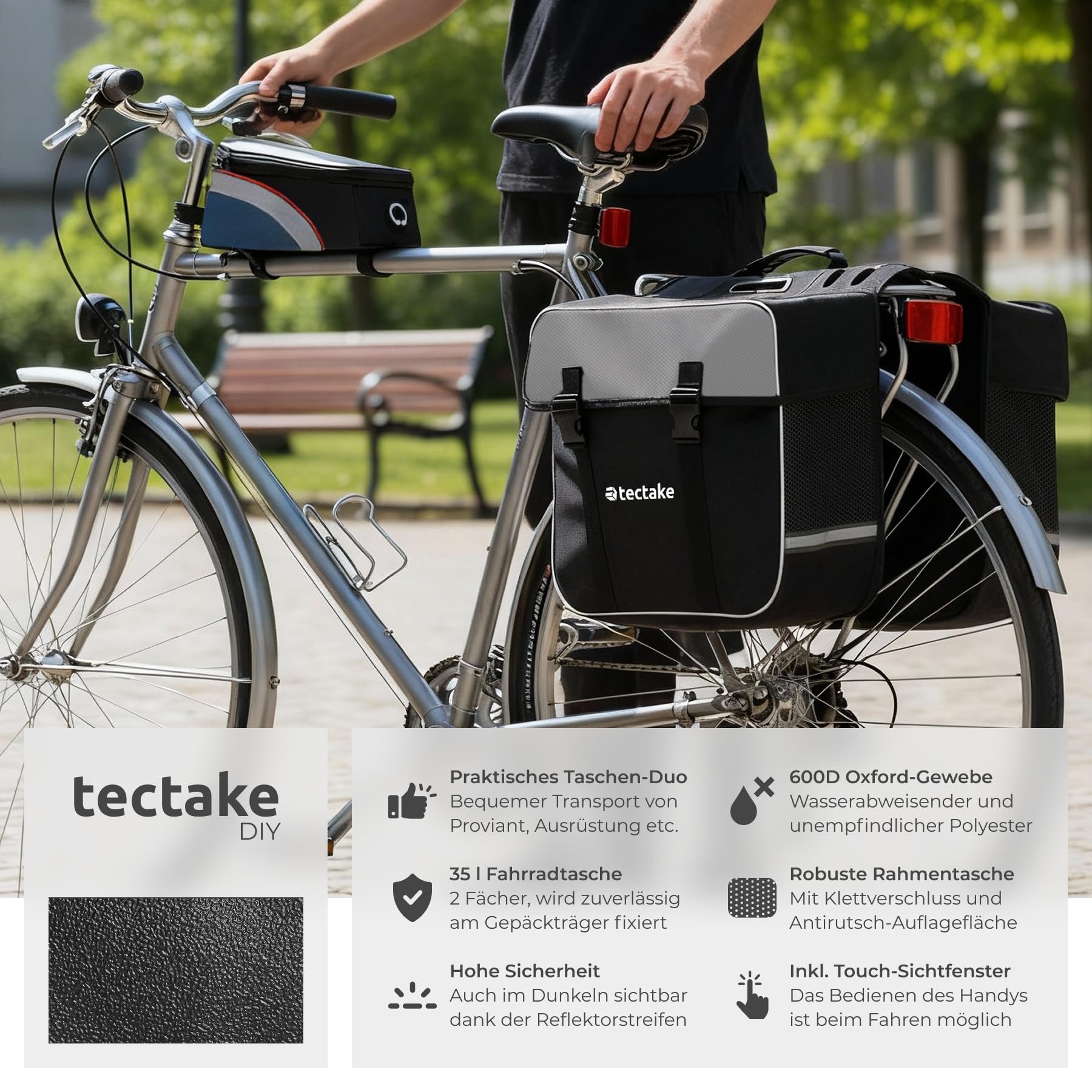 tectake® Fahrrad Taschen Set, 18 x 8,5 x 8,5 cm, Fahrradtasche mit 2 Fächern + Rahmentasche inkl. Touch Handytasche, mit Schnallenverschluss, Griff u. Reflektor, Spannseilsicherung