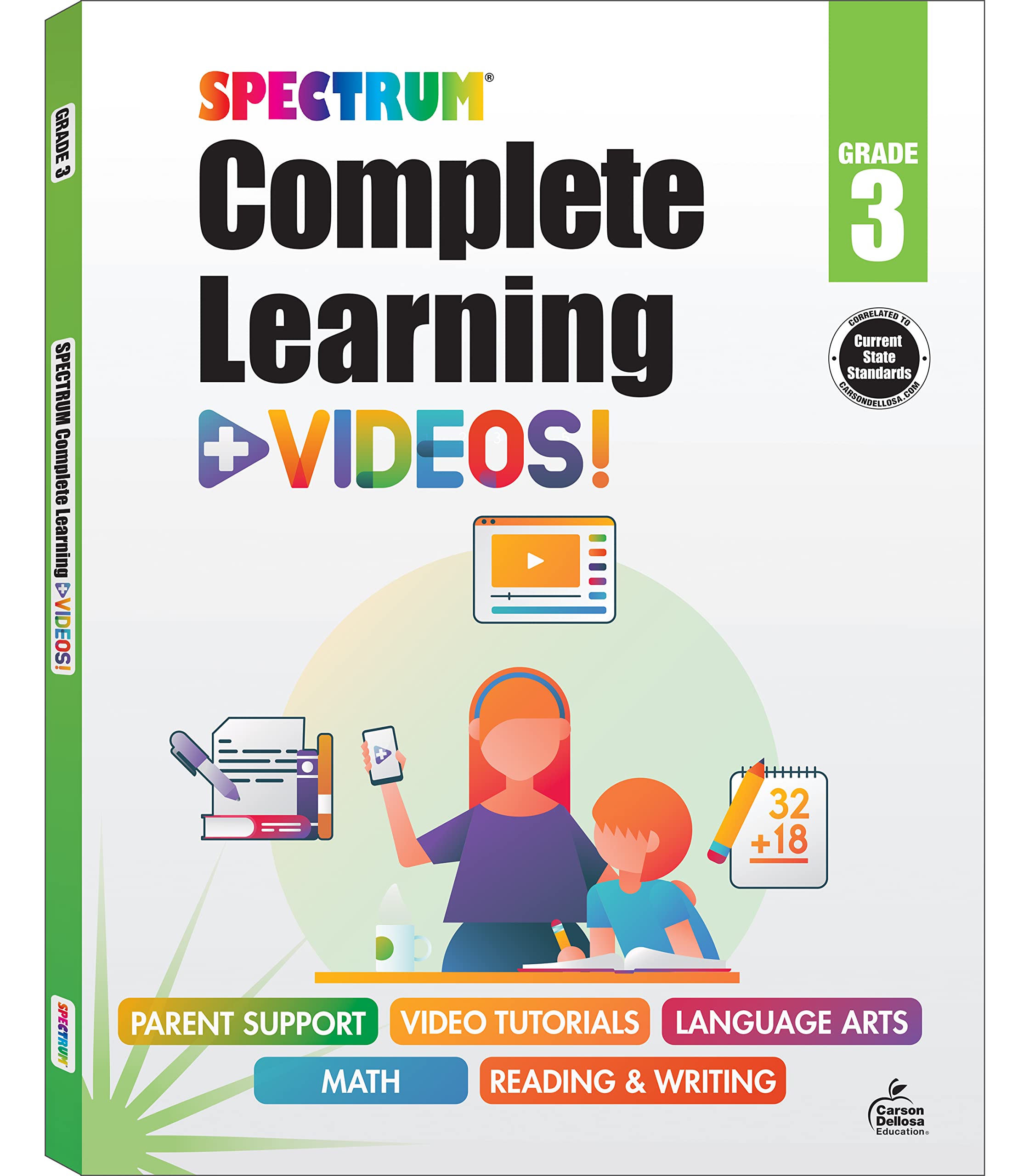 Spectrum Complete Learning + Videos 3rd Grade Workbooks, Language Arts, Reading Comprehension, Writing, and Math Book for Kids Ages 8-9 With Video Tutorials