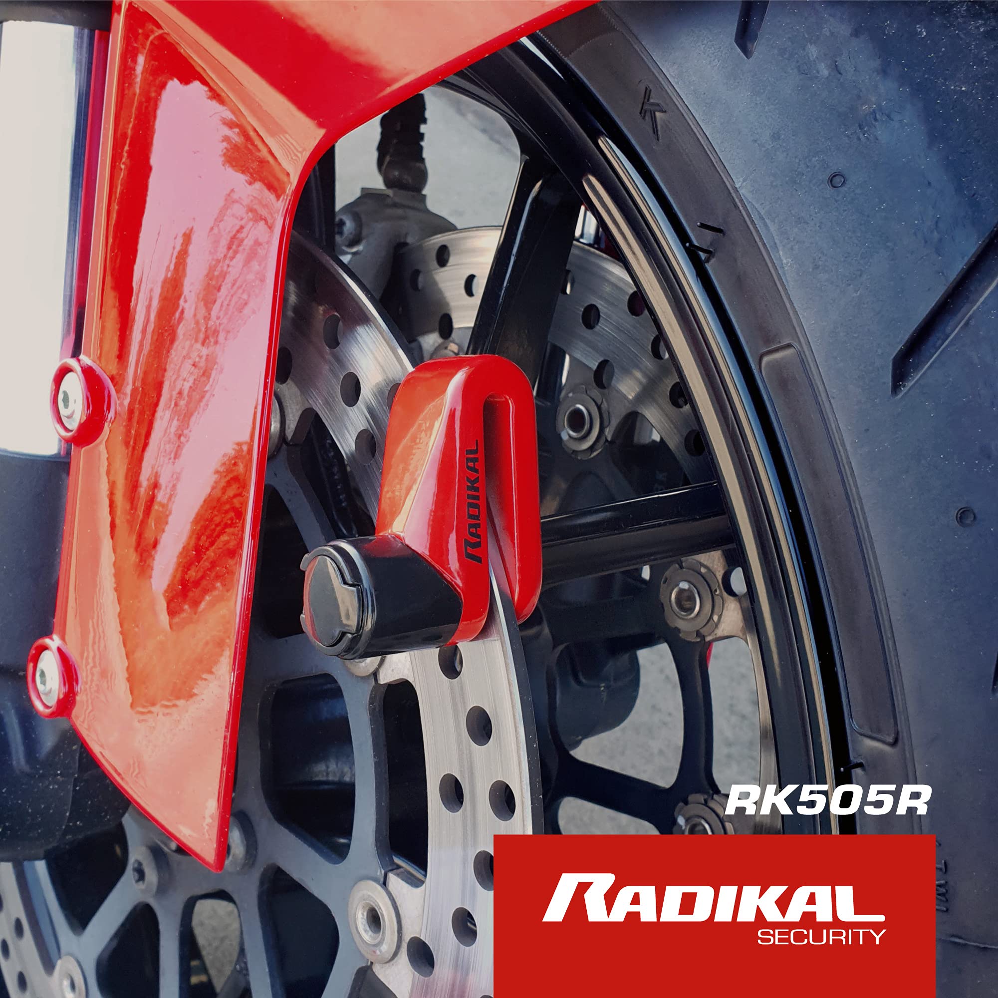 RADIKAL RK505R Candado Moto Disco, Más Compacto, Ligero y Portátil, Color Rojo Más Disuasorio,Cierre de Acero ø5,5mm, Antirrobo Bloqueo Pinza Disco Freno Moto, Bicicleta, Patinete Electrico