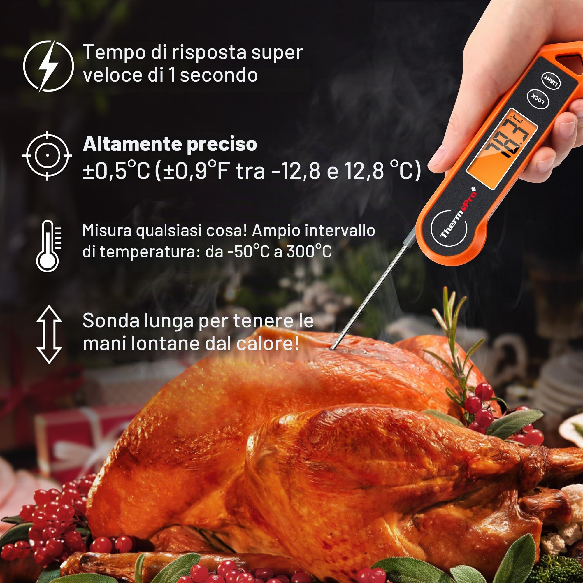 ThermoPro TP19H Termometro digitale per carne per cucinare con retroilluminazione ambidestra, impermeabile per alimenti da cucina BBQ Grill Affumicatore Olio per friggere Caramelle Lettura istantanea