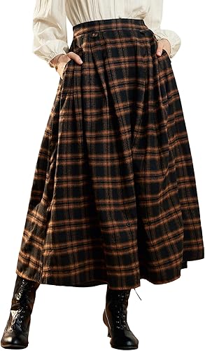 Women Plaid Skirt Elastic Waist Ruffle Skirt Maxi Skirt with Pocket Orange Plaid XL