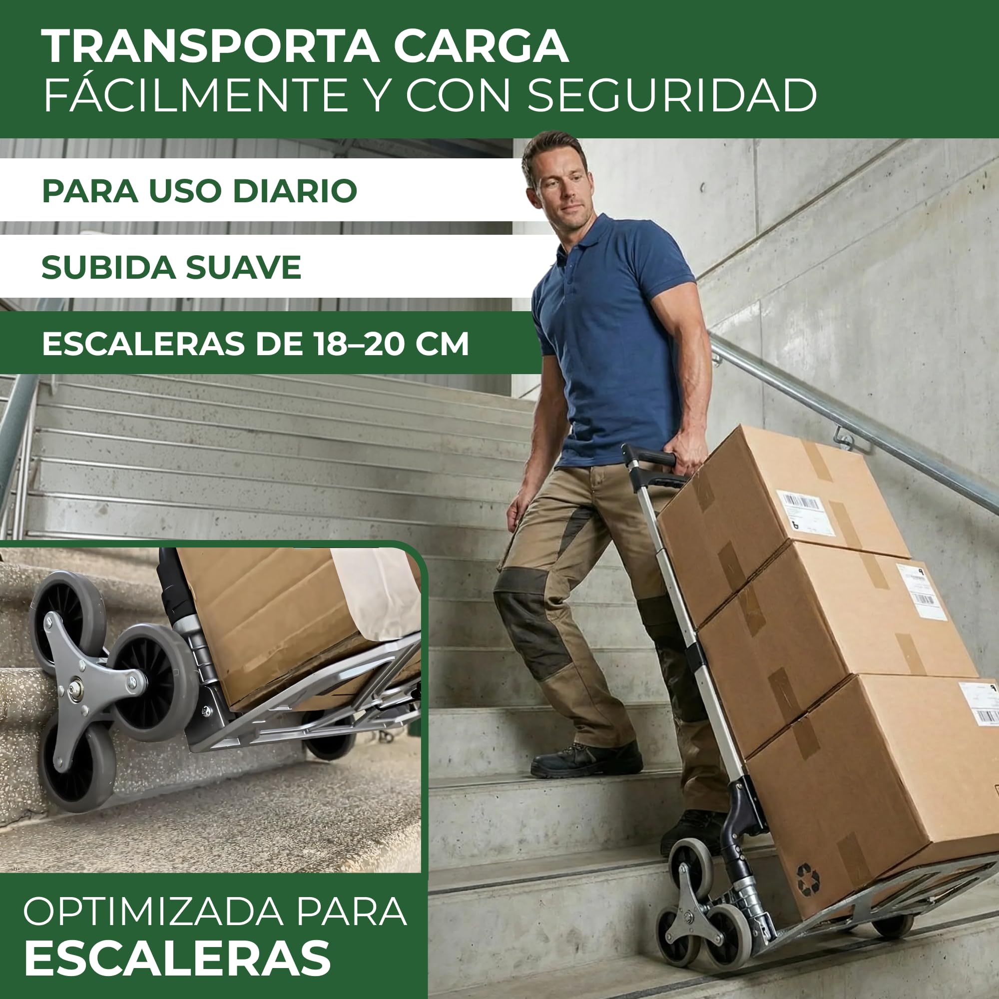 STREND PRO Carretilla Sube Escaleras 80kg | Carretilla Plegable con Sistema de 3 Ruedas | Carro Robusto para Escaleras & Peldaños | Carretilla Regulable en Altura & Compacta