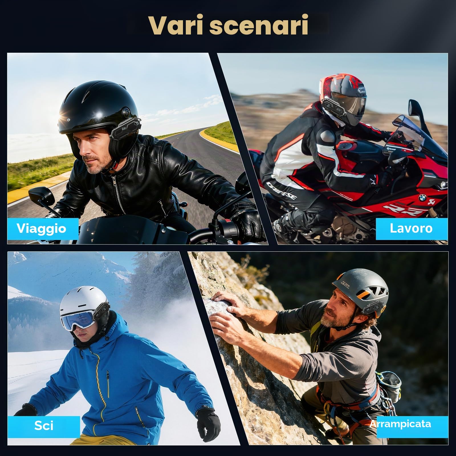 BestYiJo Cuffie Bluetooth per casco da moto con registrazione video HD 1080p, citofono, FM, impermeabilità IPX6 e illuminazione