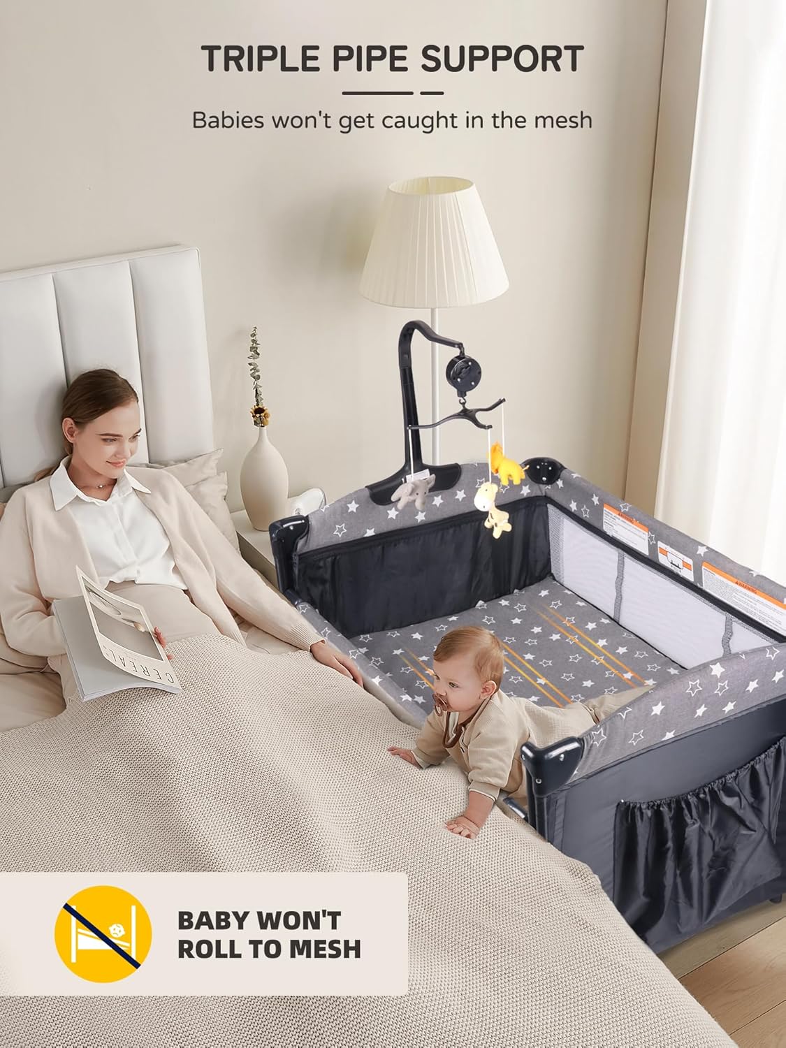 Dimensions and weight capacities of the BIUSIKAN Baby Bassinet and Playpen, including a carry bag.