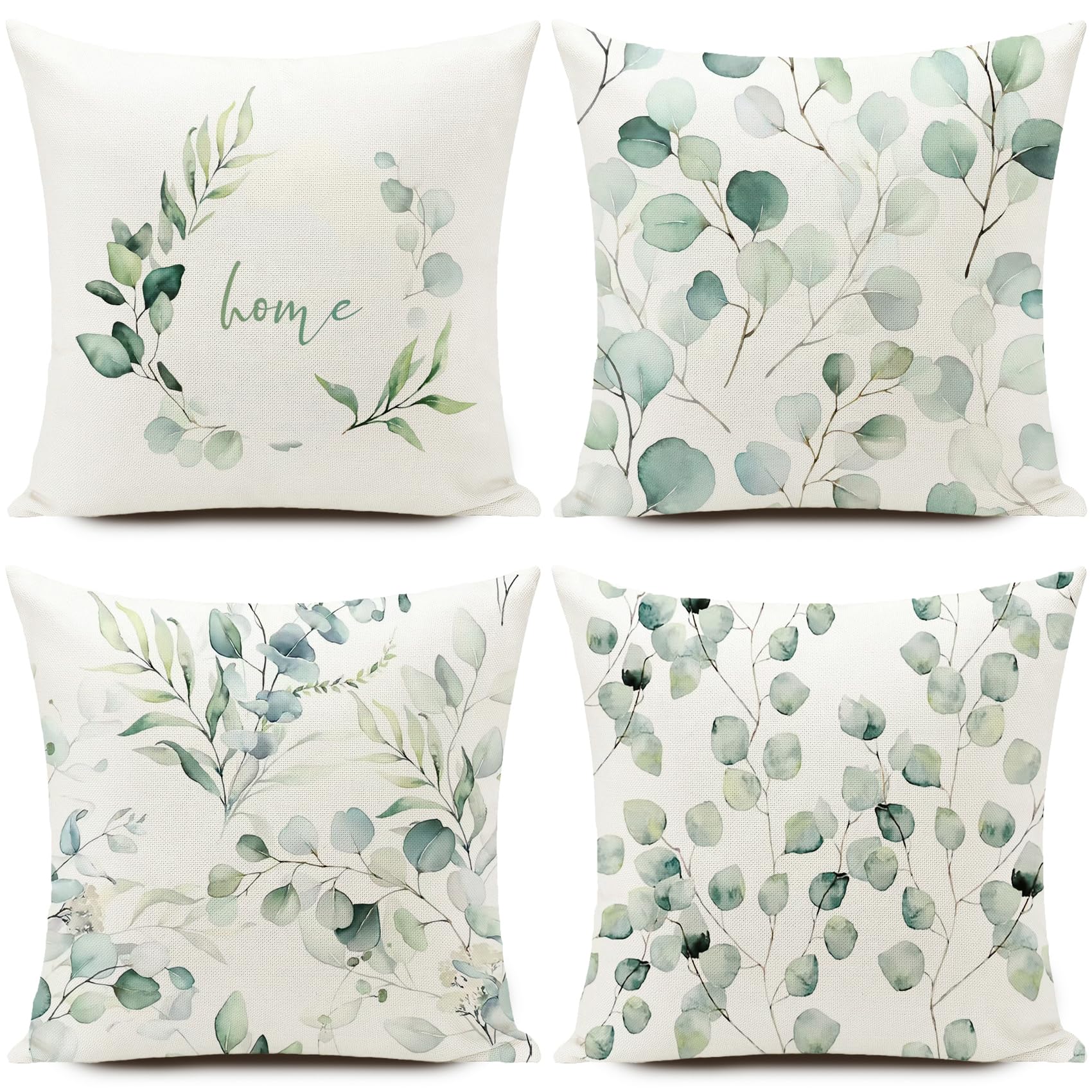 HUASHUZI Cushion Covers Outdoor Waterproof Eucalyptus Leaves Green Garden Cushions Furniture Decorations Summer Set of 4 18x18 inch 45x45cm Throw Pillow Case Home Decor for Sofa Bench Couch
