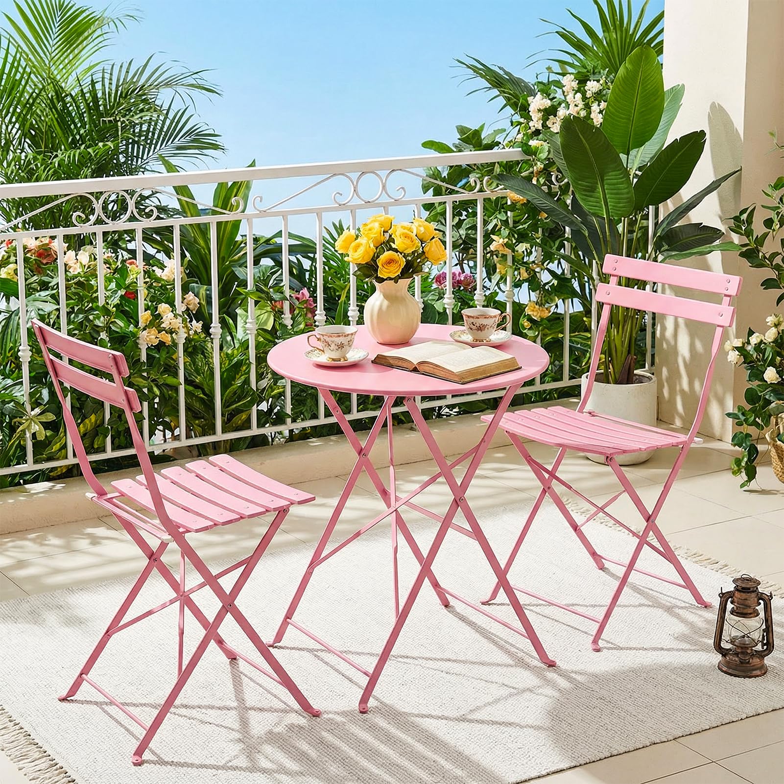 Warmiehomy 3 Piece Folding Bistro Set, Metal Outdoor Table and Chairs Set 2 with Anti-Slip Feet, Space Saving Conversation Patio Furniture for Balcony, Garden, Yard, Lawn, Café, No Assembly, Pink — view 8