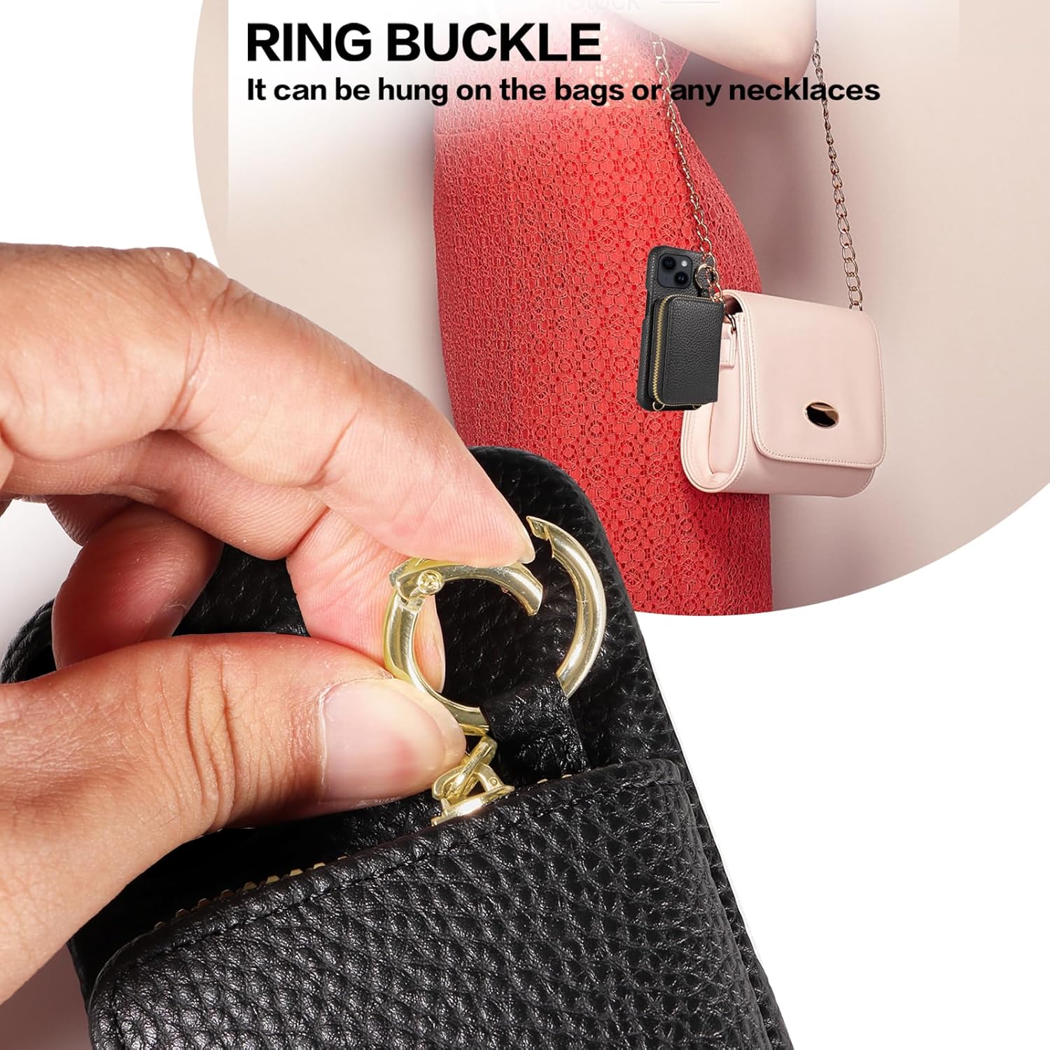 Wallet Case for iPhone 13 Mini 5.4 inch with Shoulder Strap Ring Buckle Zipper Flip Organ Purse, Credit Card Holder Stand Phone Cover for iPhone13mini i-Phone 13minicase i iPhone13 13mini Black