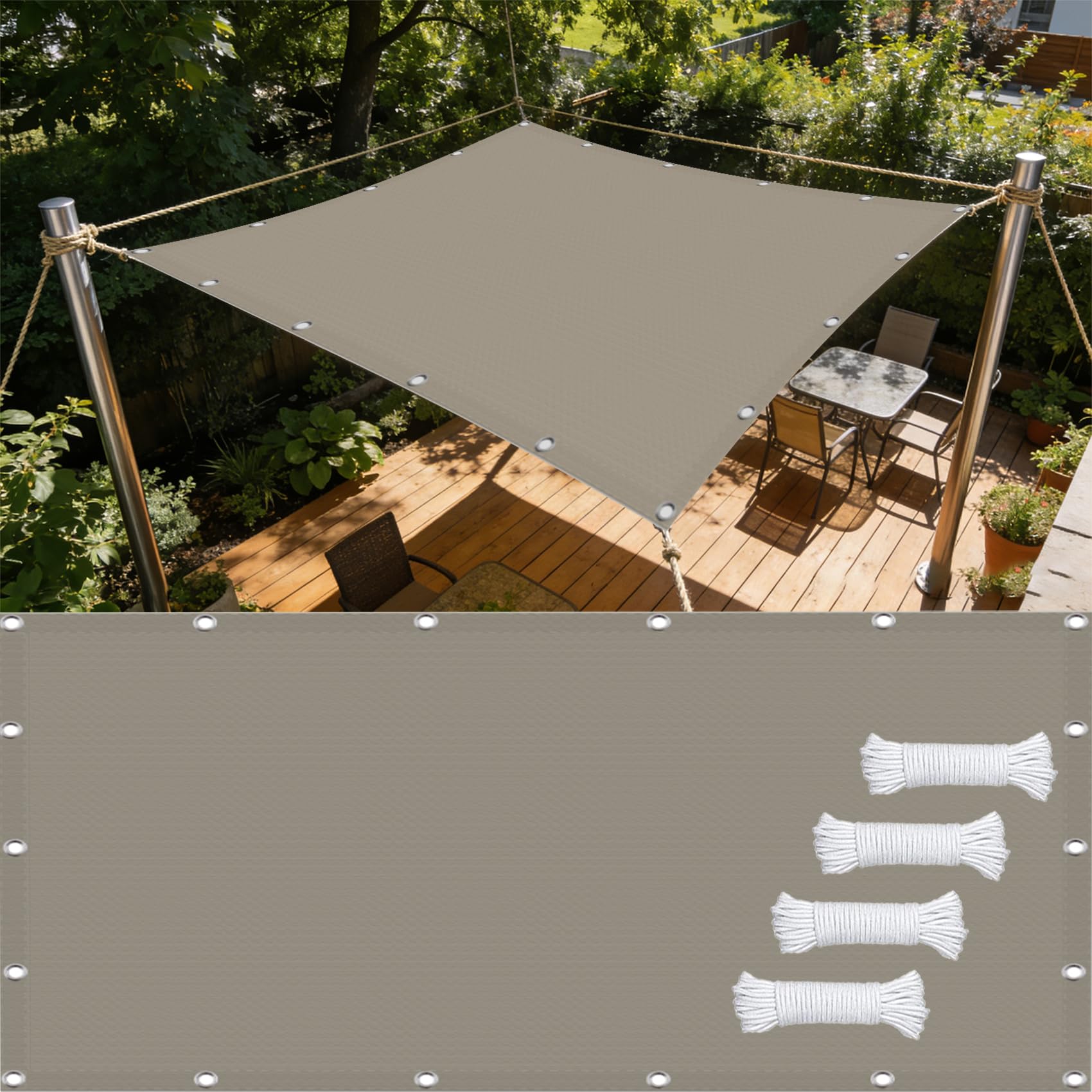 Voile ombrage anti UV évite la chaleur étouffante sur la terrasse avec toile kaki