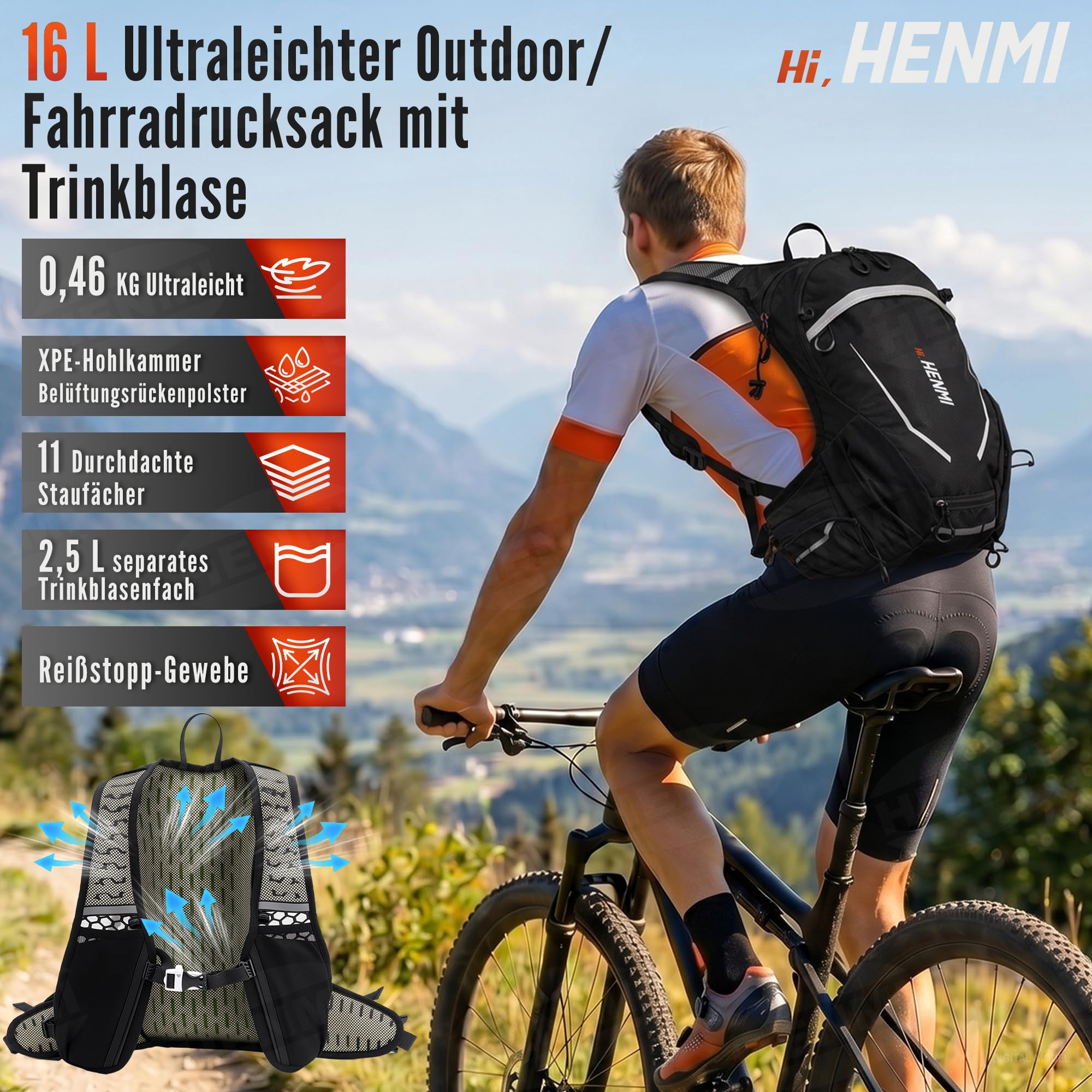 HENMI Fahrradrucksack 16L Ultraleicht & Atmungsaktiv 0,46kg – Wanderrucksack mit XPE Rückenbelüftung & Trinkblasenfach, Kleiner Rucksack mit Helmnetz & Regenhülle für MTB Radfahren Wandern
