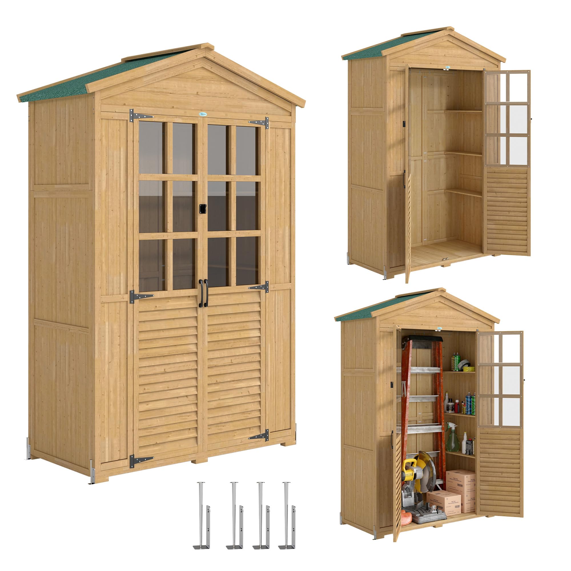 Outsunny Cobertizo Madera pequeño estantes Ventanas acrílicas marrón