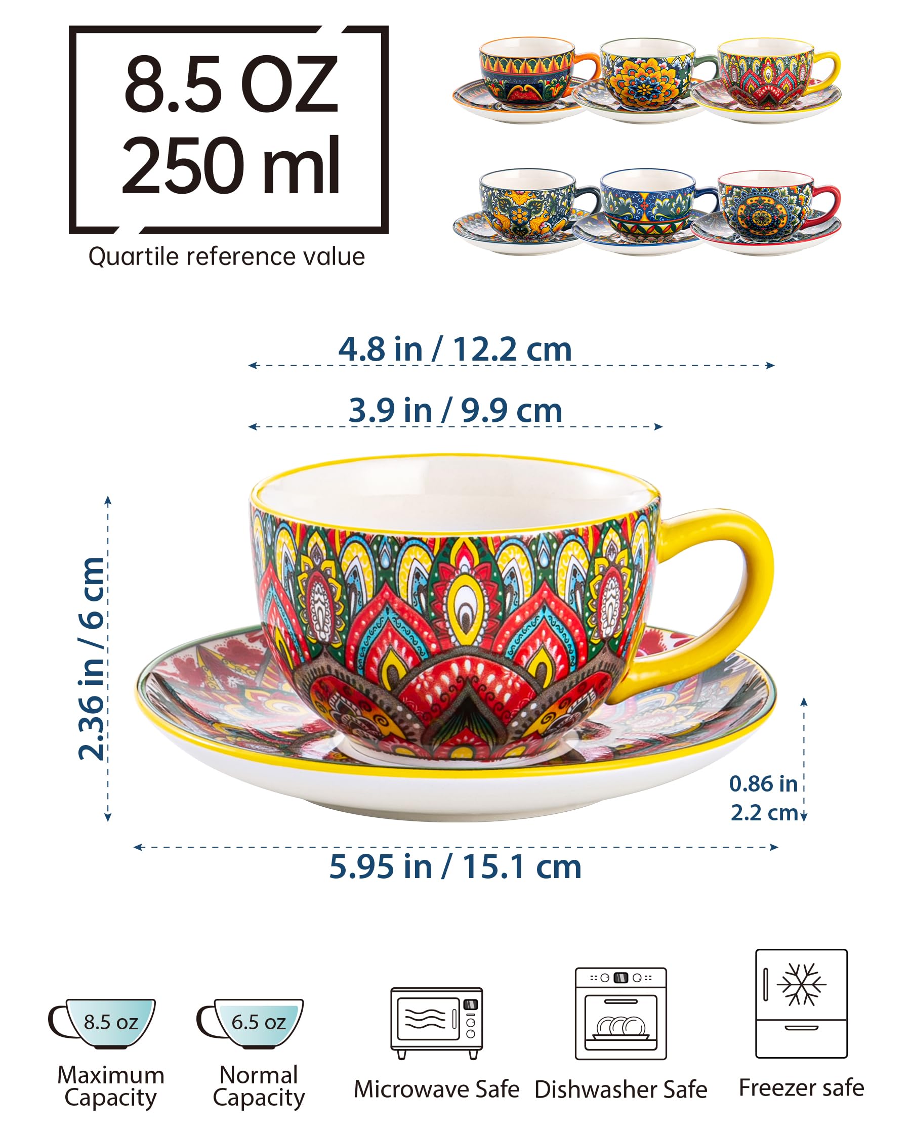 Henten Home Kaffeeservice Porzellan, Kaffeeset Bunt 6er, 250ml Handbemalt Kaffeetassen Set für 6 Personen, Beinhaltet Kaffeetassen, Untertassen