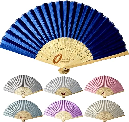 Abanicos de mano personalizados a granel ventiladores de seda personalizados con grabado en el mango, regalos de fiesta para invitados, abanicos de