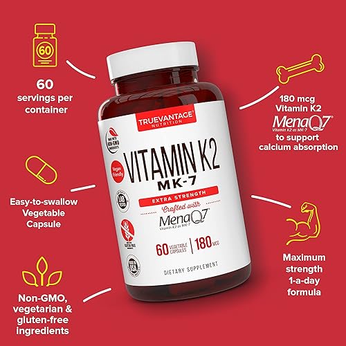 Miniatura 2 de Suplemento de vitamina k2 MK-7 180mcg -Vitamina K2 apoya la salud ósea y cardíaca para la absorción cardiovascular de calcio de las arterias- 60