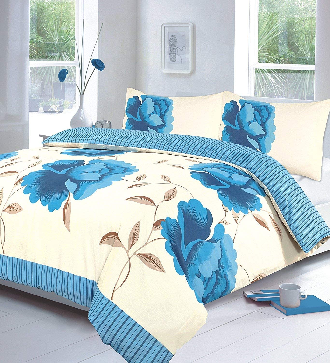 KARKARM Rosaleen Floral Duvet Cover Double Size – Flower Print Soft Poly Cotton Teal Duvet Set with Pillow Cases – Reversible Bedding Double Quilt Covers Sets