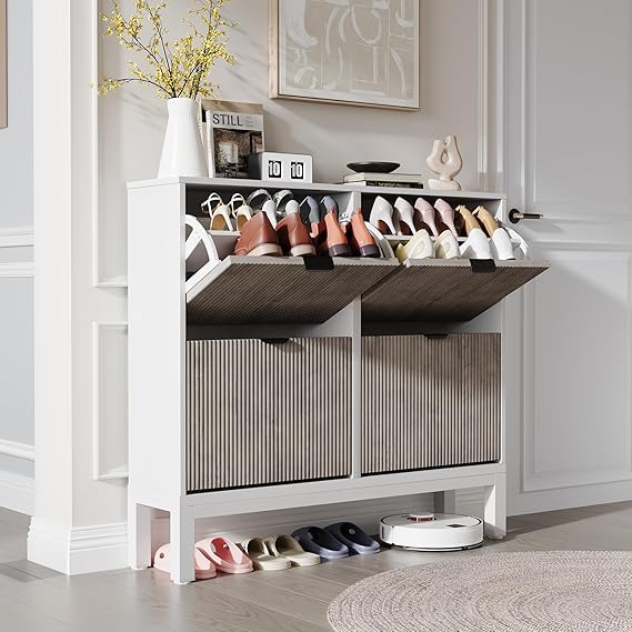 GAOMON Shoe Cabinet with 4 Flip Drawers, Entryway Cabinet with Adjustable Shelves, Accommodate 16 to 20 Pair of Shoes, Space-Saving Slim Shoe Cabinet for Entryway, Hallway, Front Door, White Grey