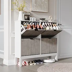GarveeHome Fluted Shoe Storage Cabinet with 4 Flip Drawers, Narrow Wooden Shoe Organizer with Metal Legs, Modern Farmhouse Hidden Shoe Rack for Entryway, Hallway, White+Gray