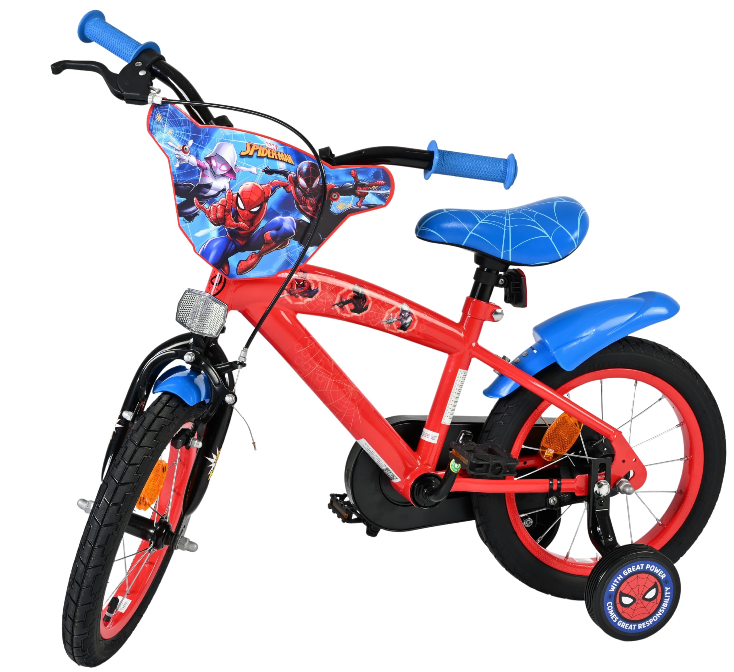Volare Spider-Man Kinderfahrrad 14 Zoll | 3,5–5 Jahre | Hand- & Rücktrittbremse, Stützräder, Kettenschutz, Reflektoren | Verstellbarer Sattel | Geschenk für Jungen & Mädchen