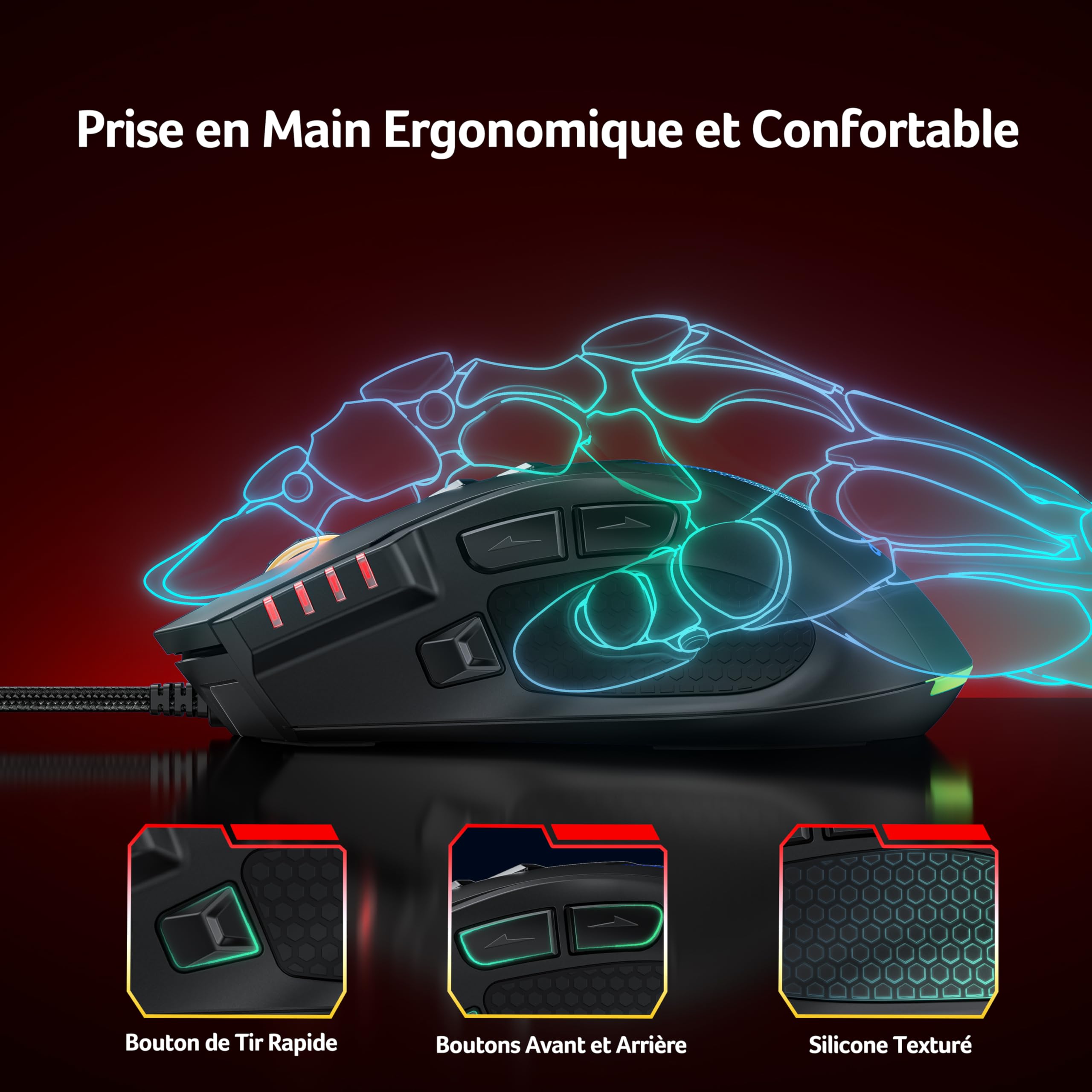 acer Souirs Gamer Filaire Ergonomique, 12 800 DPI, 8 Boutons programmables, Souris Gaming avec Fire Button, 12 Options RGB Personnalisable, Haute Précision- pour MOBA FPS CS