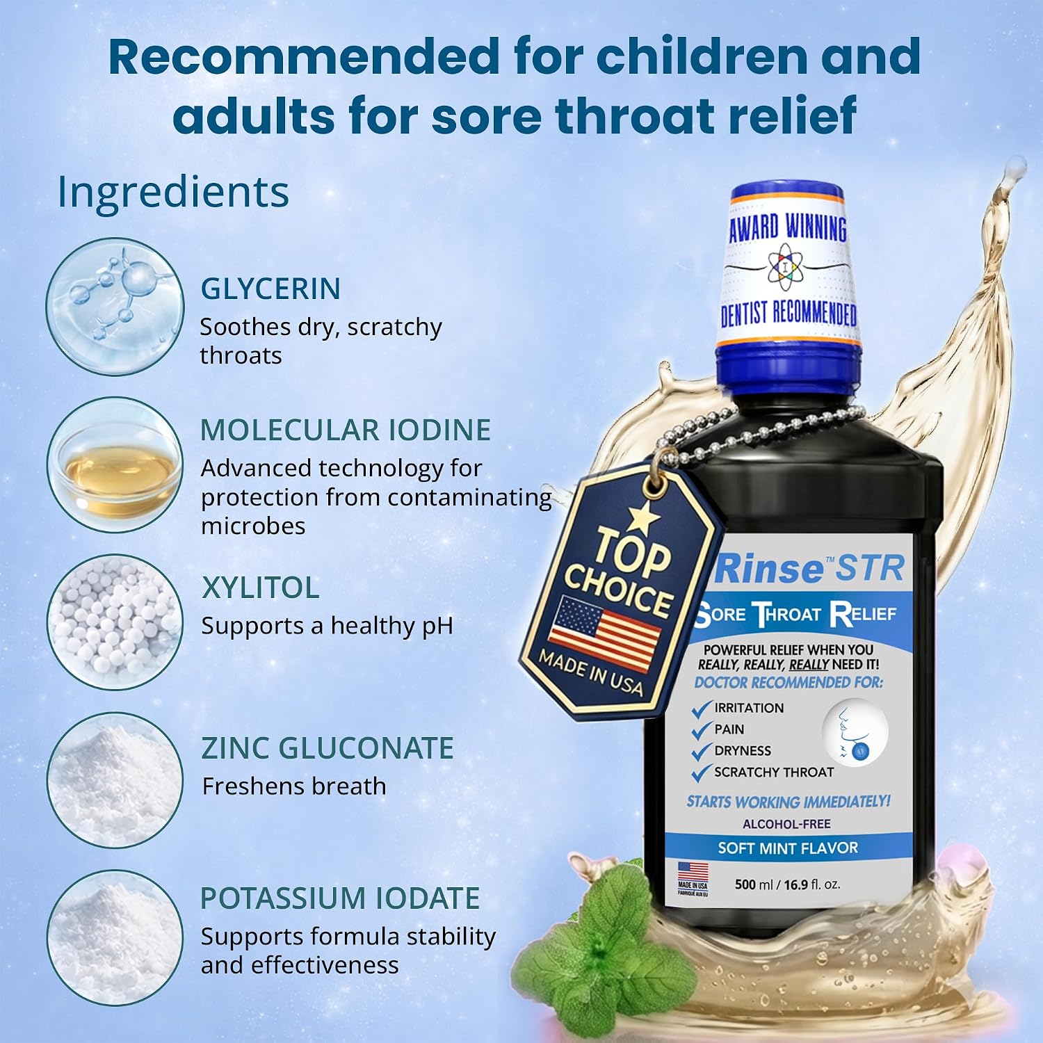 ioRinse STR (Sore Throat Relief) Professional Strength Gargle. Instantly soothes inflamed throats. ioRinse is recommended by thousands of healthcare professionals because it simply works better. 16 oz image 4