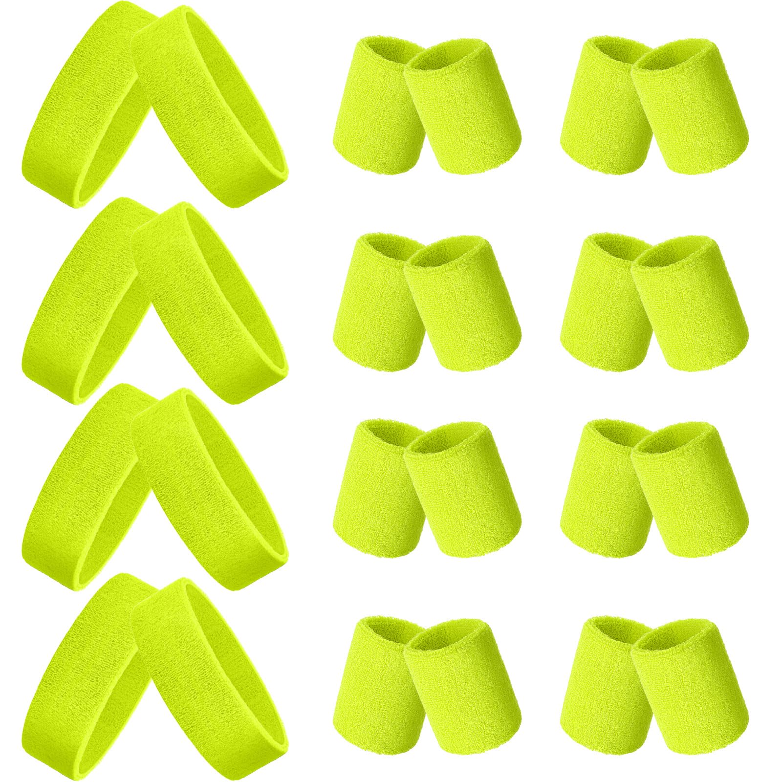 Photo 1 of 24 Pieces 80s Neon Sweatbands Set, Include 8 Sports Headbands and 16 Sweat Wristbands Elastic Athletic Tennis Sweat Bands Bulk for Man Woman(Fluorescent Yellow)