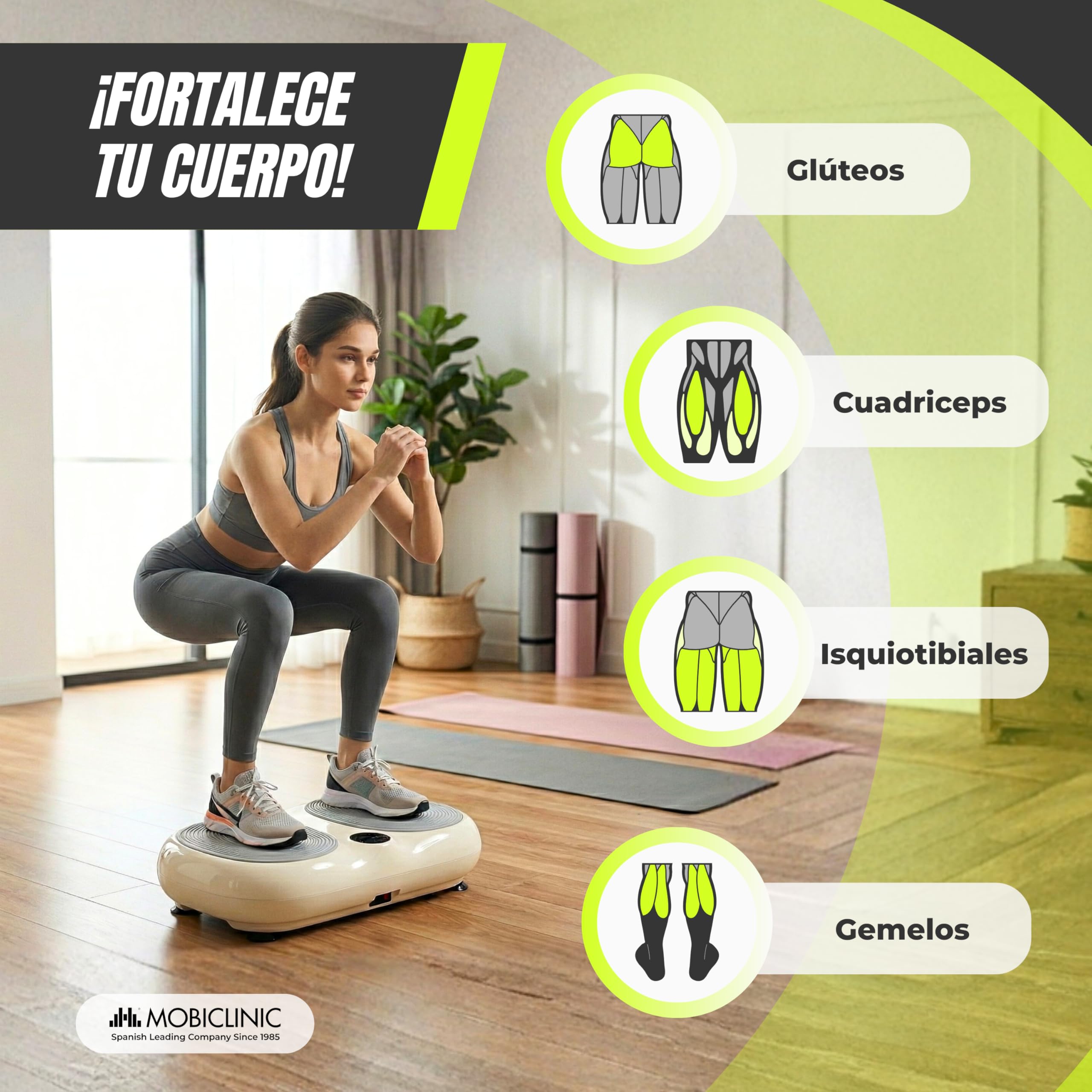 Mobiclinic®, Plataforma Vibratoria, 99 Niveles, 9 Programas de Entrenamiento, Bandas Elásticas y Mando, 200W, Tonificación y Entrenamiento Cuerpo Completo, Ideal para casa, hasta 150 kg, Karol