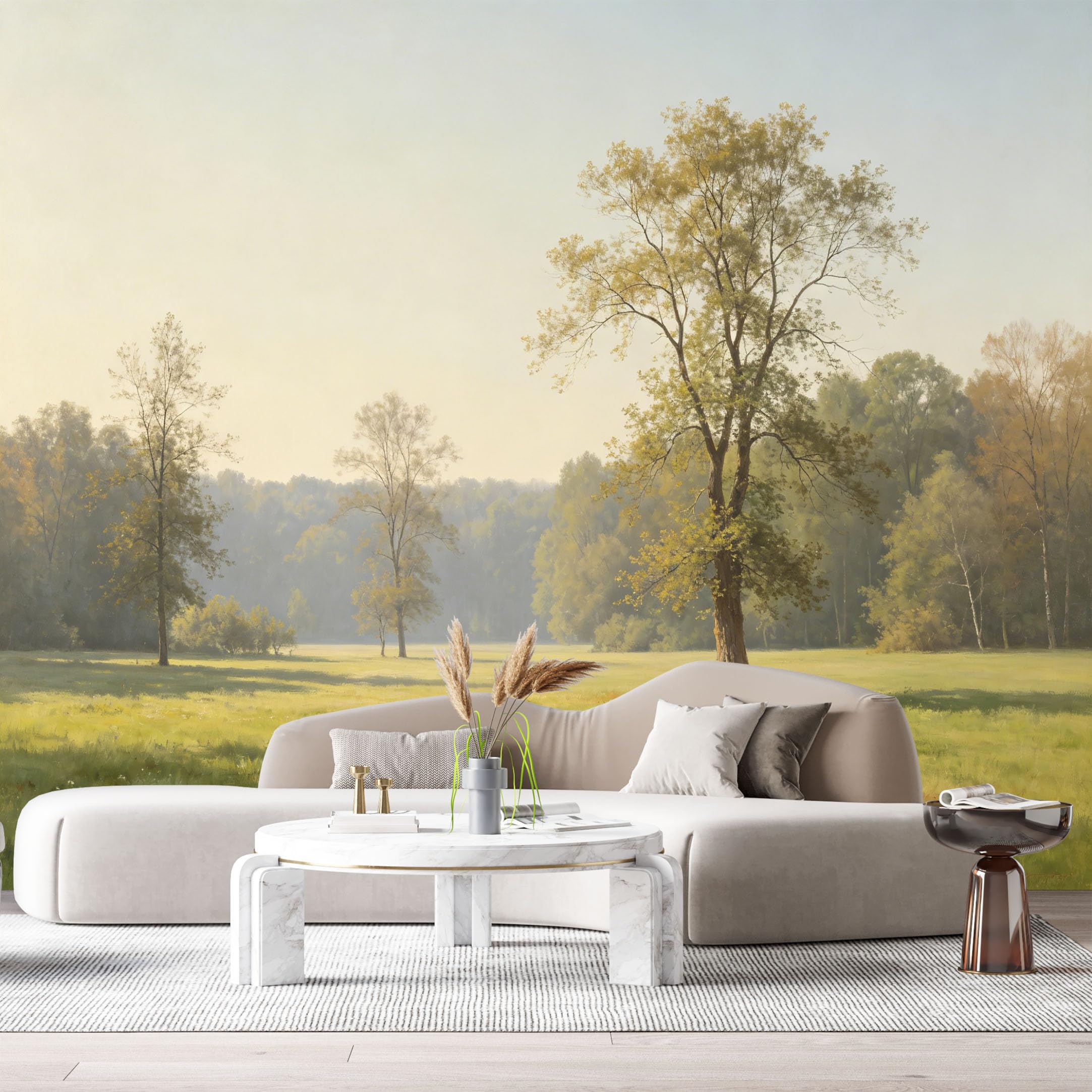 Custom Size Wall Murals Morning Meadow Landscape Oil Painting Sunlit Trees Forest Edge SelfAdhesive Wall Fabric Removable Large Wallpaper for Photo Living Room