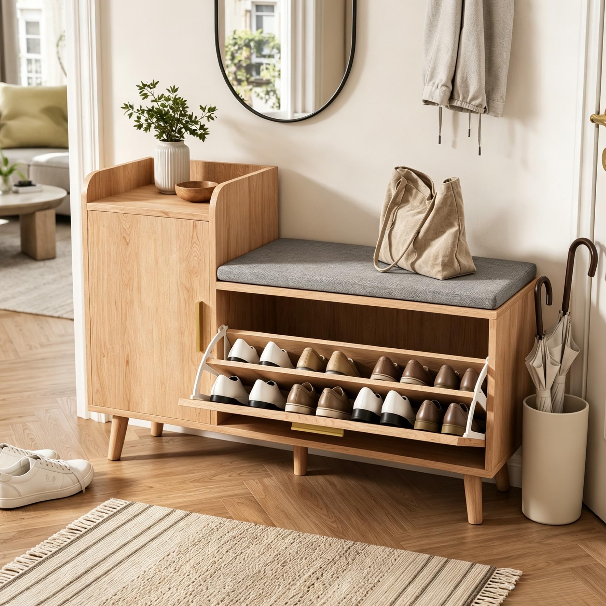 Panca Scarpiera con Contenitore, Scarpiera con seduta e 2 ante, Mobile Scarpieras Salvaspazio in Legno e Tessuto Effetto Lino per ingresso, corridoio, soggiorno, 100x30x69,5cm